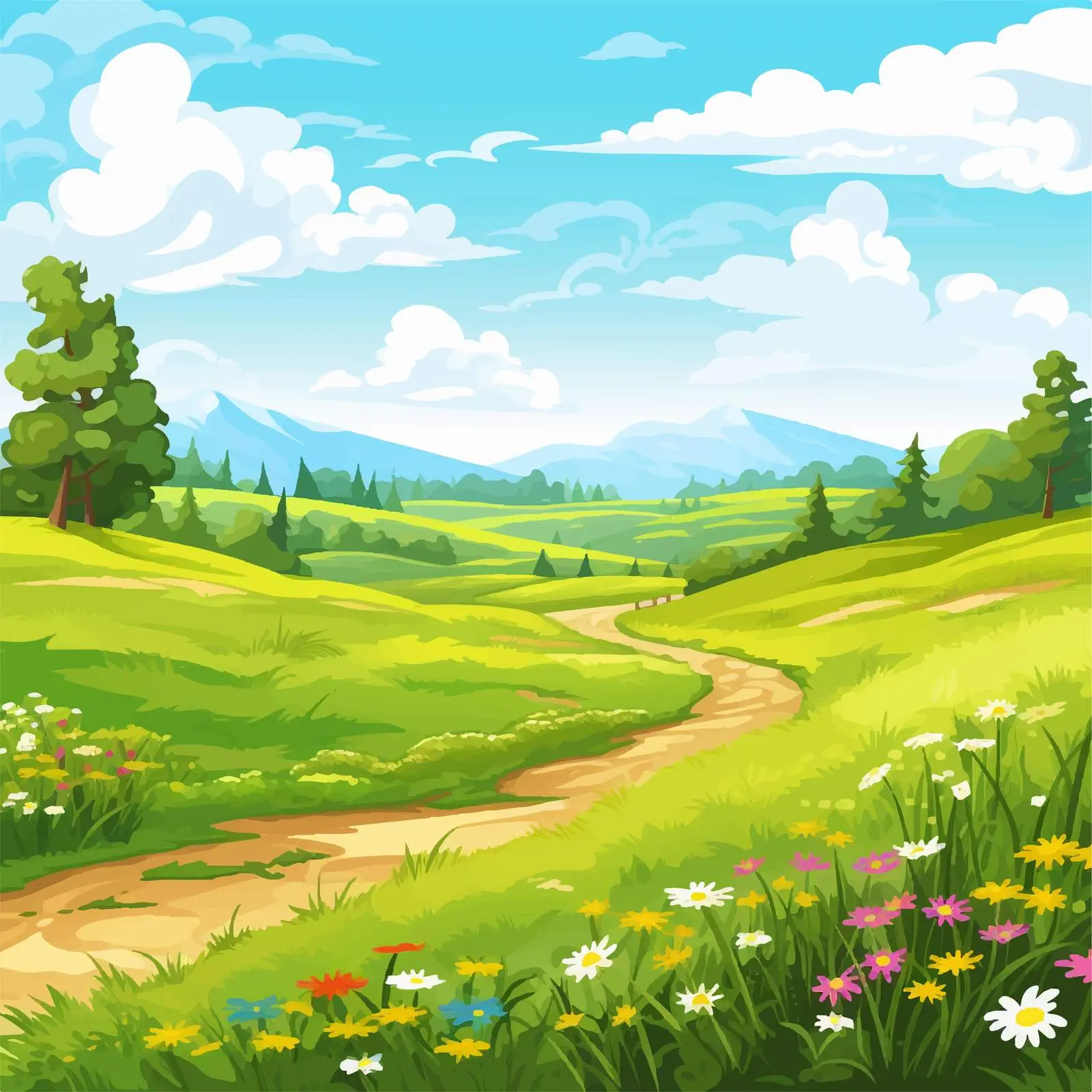 Springtime Open Field Cartoon Vector Illustration — free download from Dotvec
