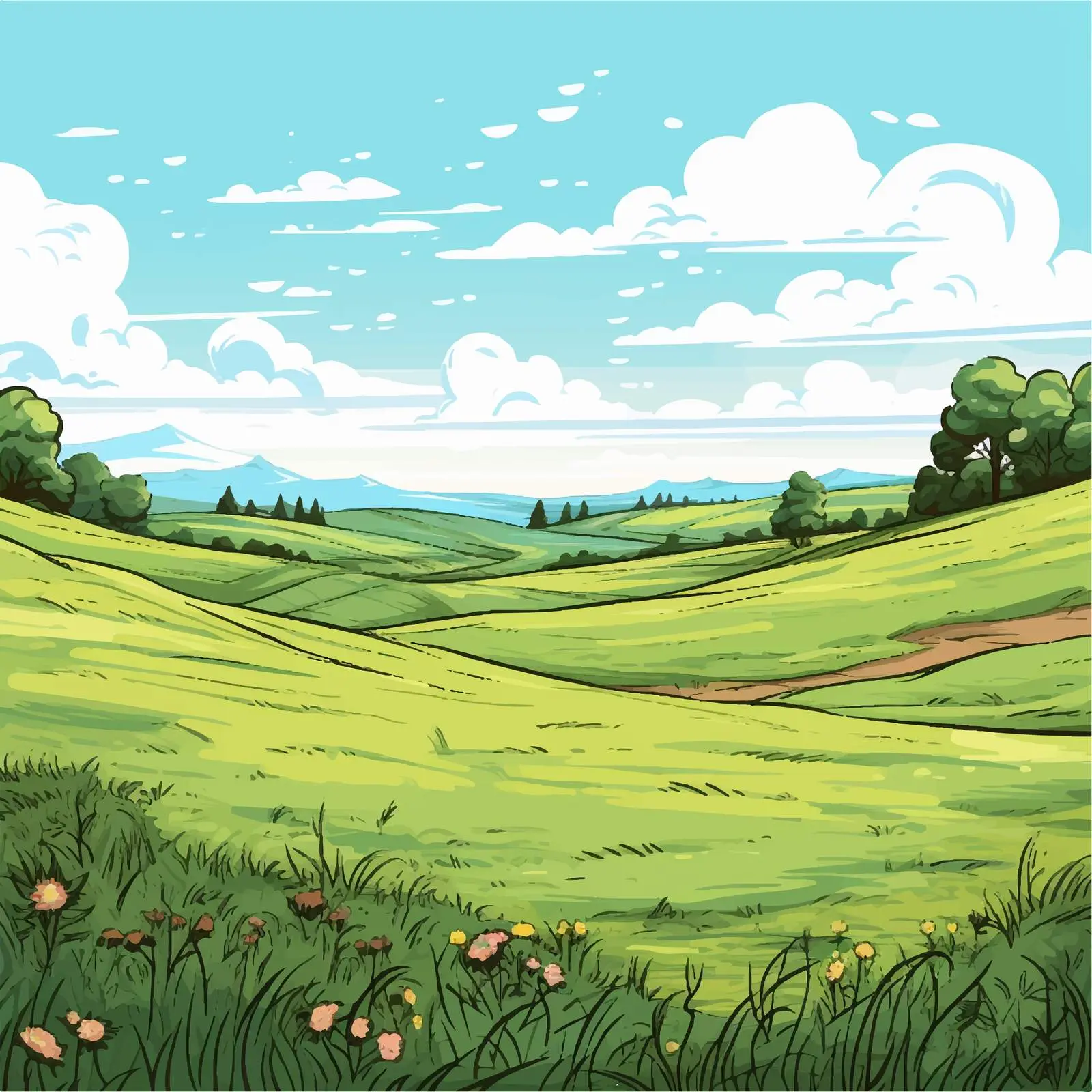 Springtime Open Field Cartoon Vector Illustration — free download from Dotvec