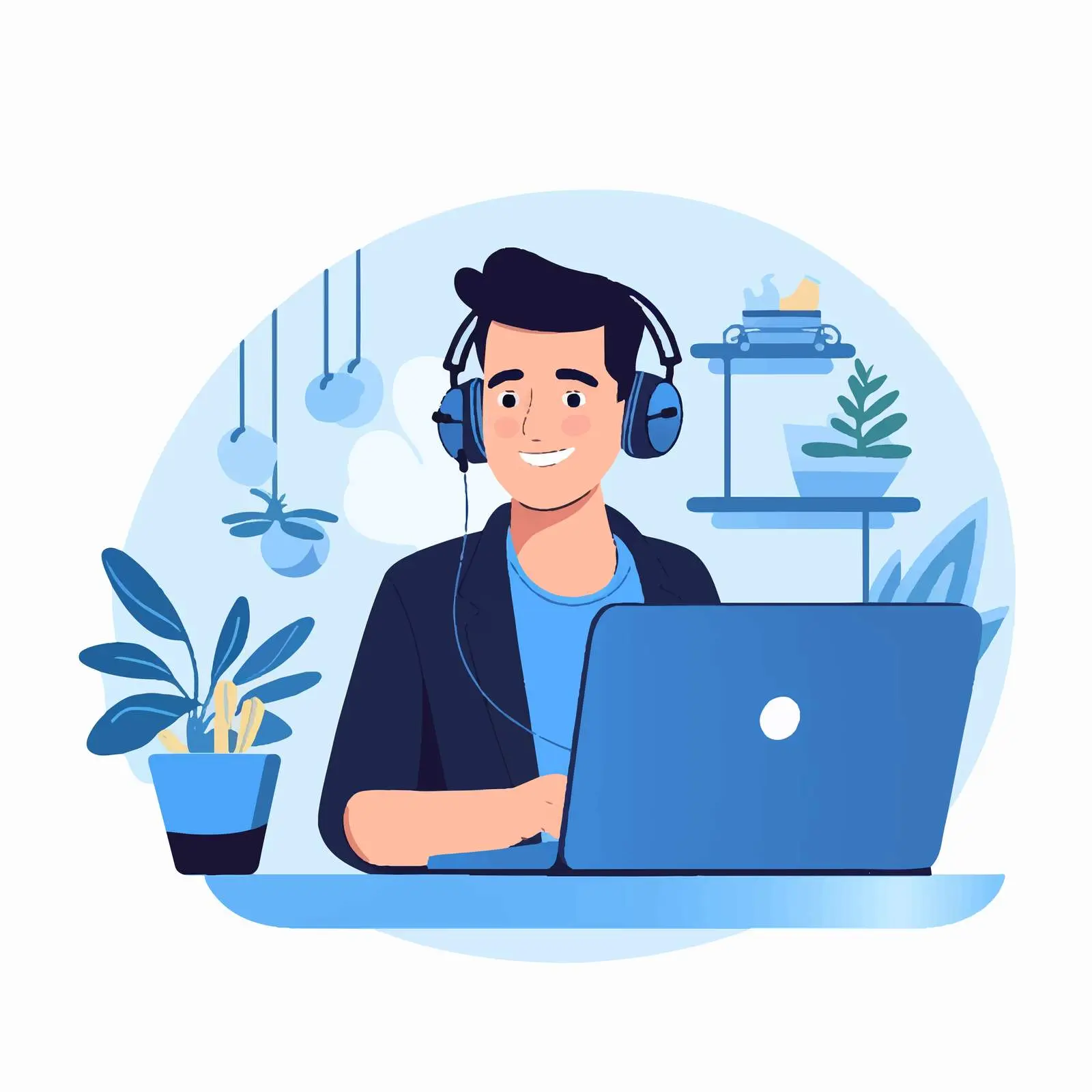Call Center Operator in Headset at Workplace — free download from Dotvec