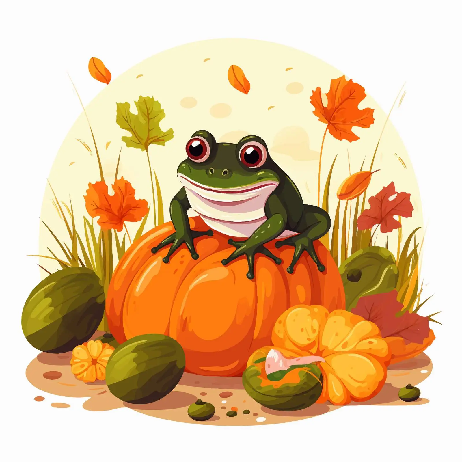 Frog Eating Insects Among Fall Pumpkins — free download from Dotvec