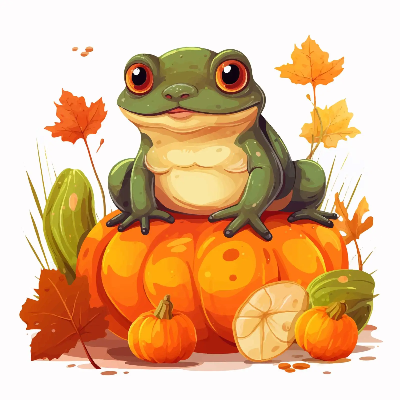 Cute Frog Eating Insects Among Orange Pumpkins — free download from Dotvec