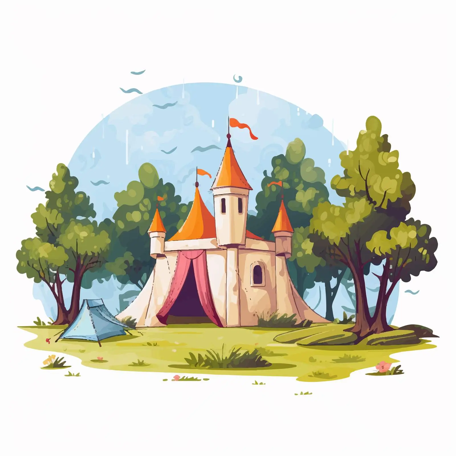 Camping Tent Near Castle in Park Illustration — free download from Dotvec