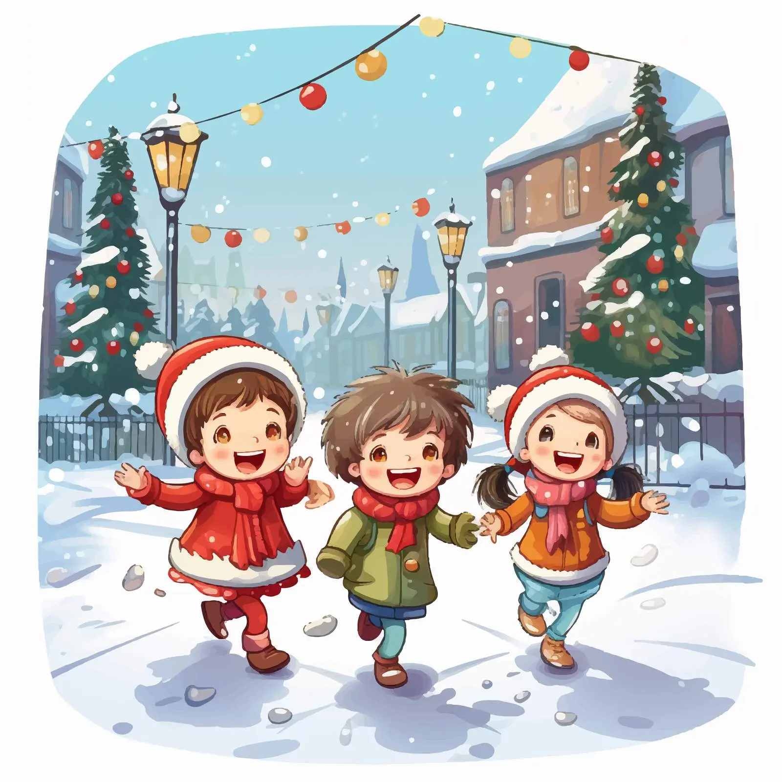 Children Celebrating Christmas Outdoors in Cartoon Style — free download from Dotvec