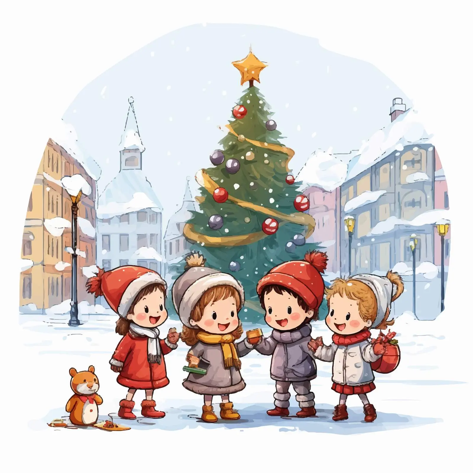 Children Celebrating Christmas Outdoors Cartoon Scene — free download from Dotvec