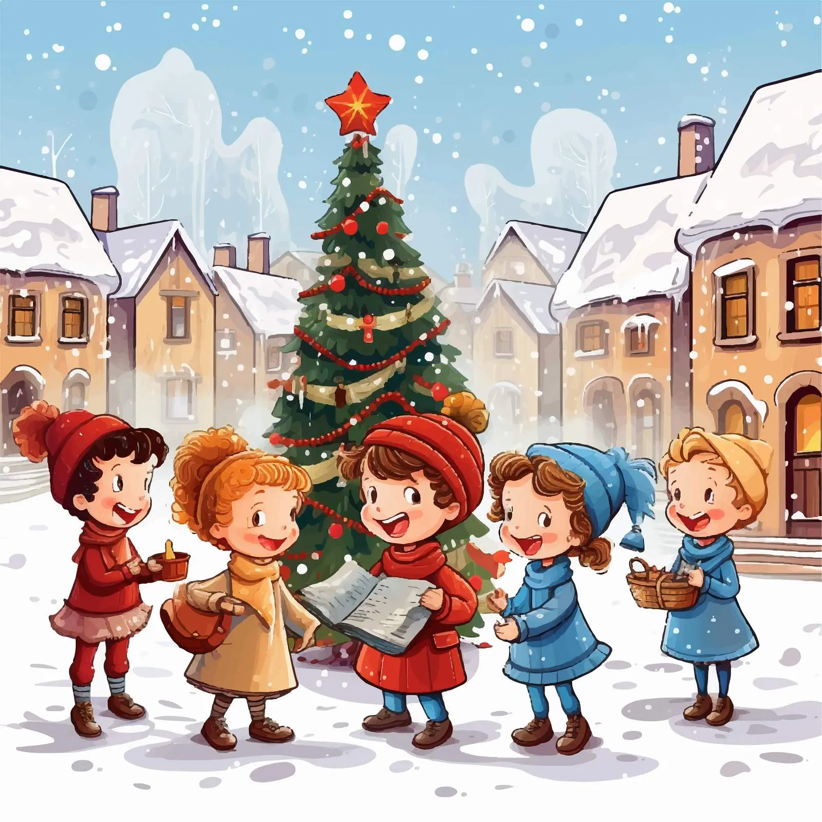 Children Celebrating Christmas Outdoors in Cartoon Style — free download from Dotvec