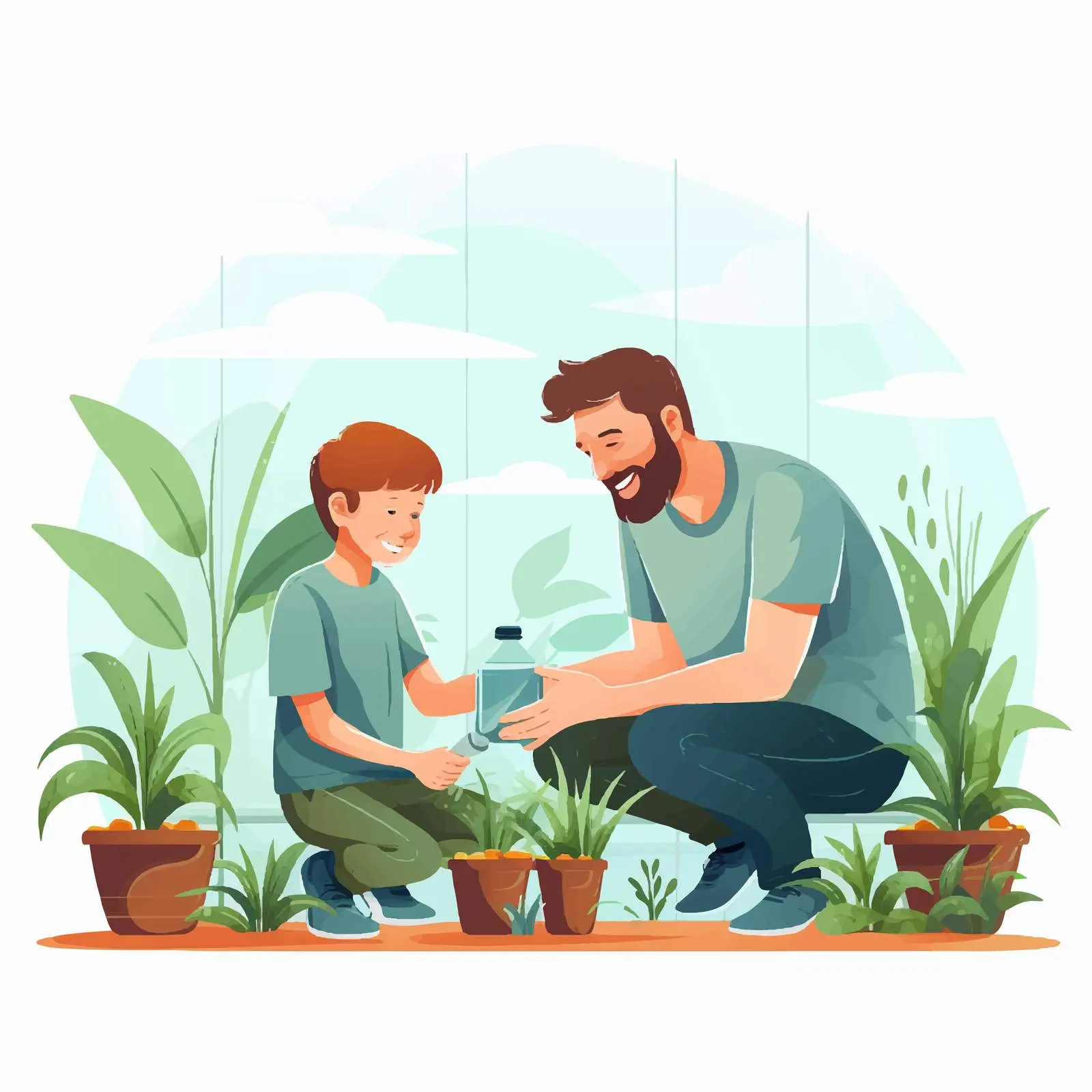 Father and Son Watering Plants in Nature – free tending image from Dotvec