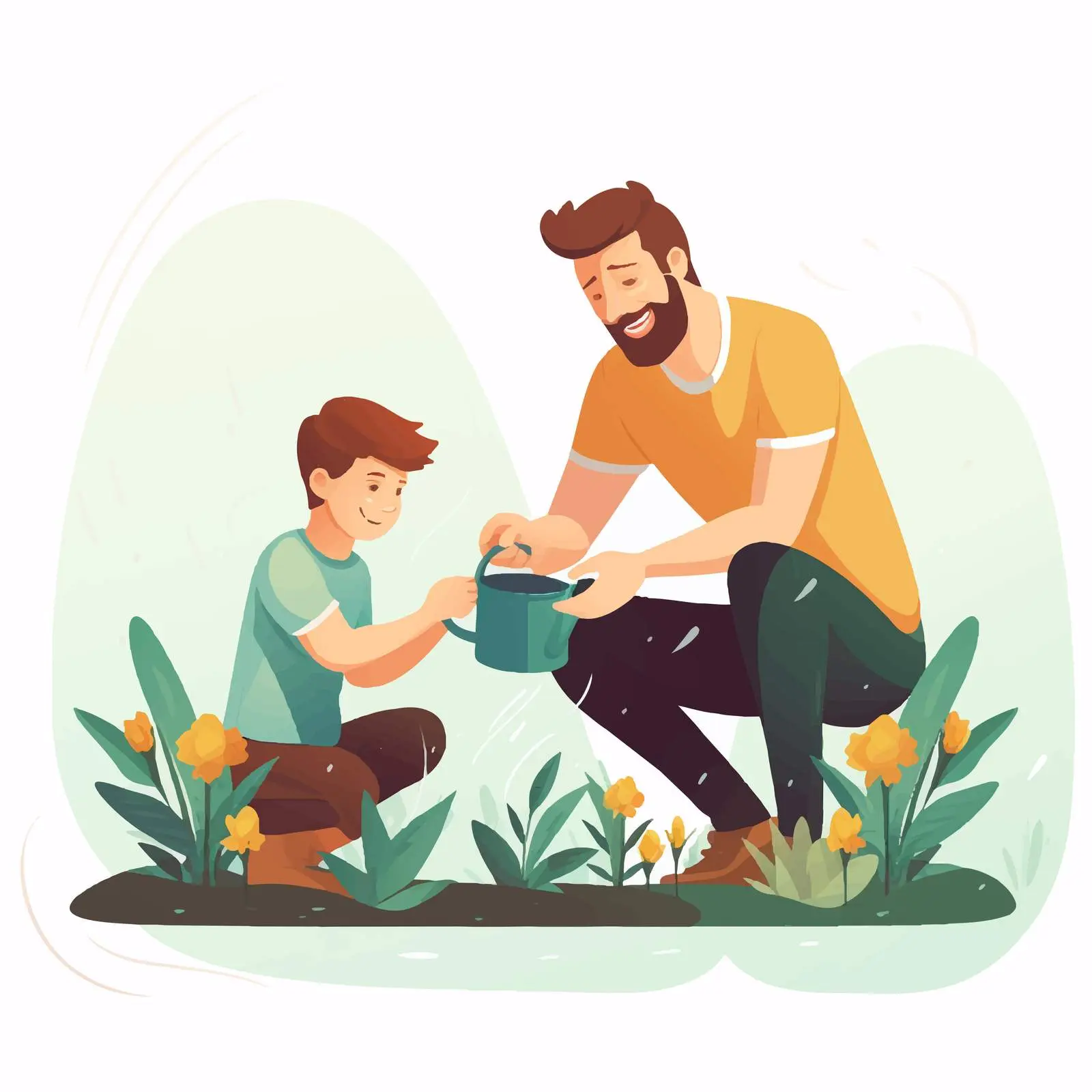Father and Son Watering Plants Outdoors — free download from Dotvec