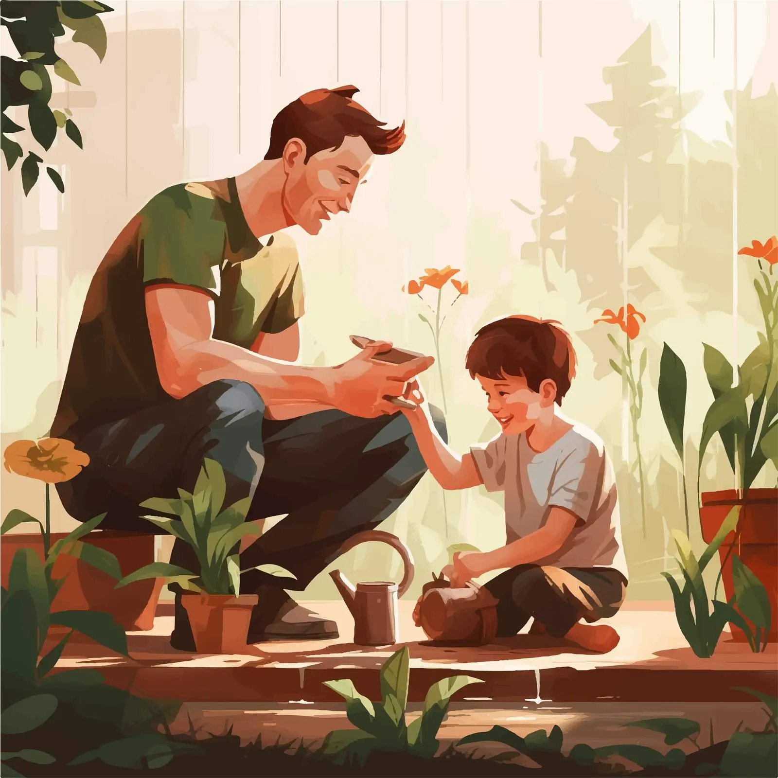 Father and Son Watering Plants Outdoors — free download from Dotvec