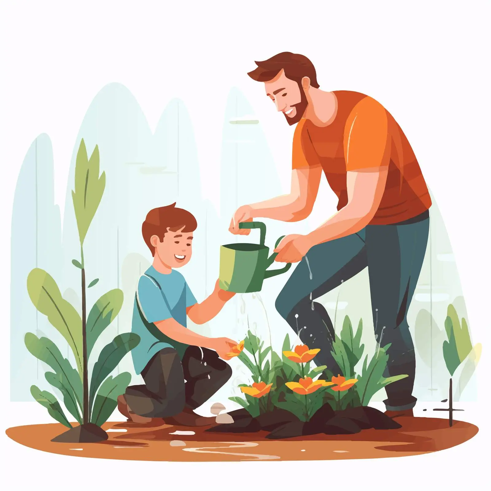 Father and Son Watering Plants Outdoors — free download from Dotvec