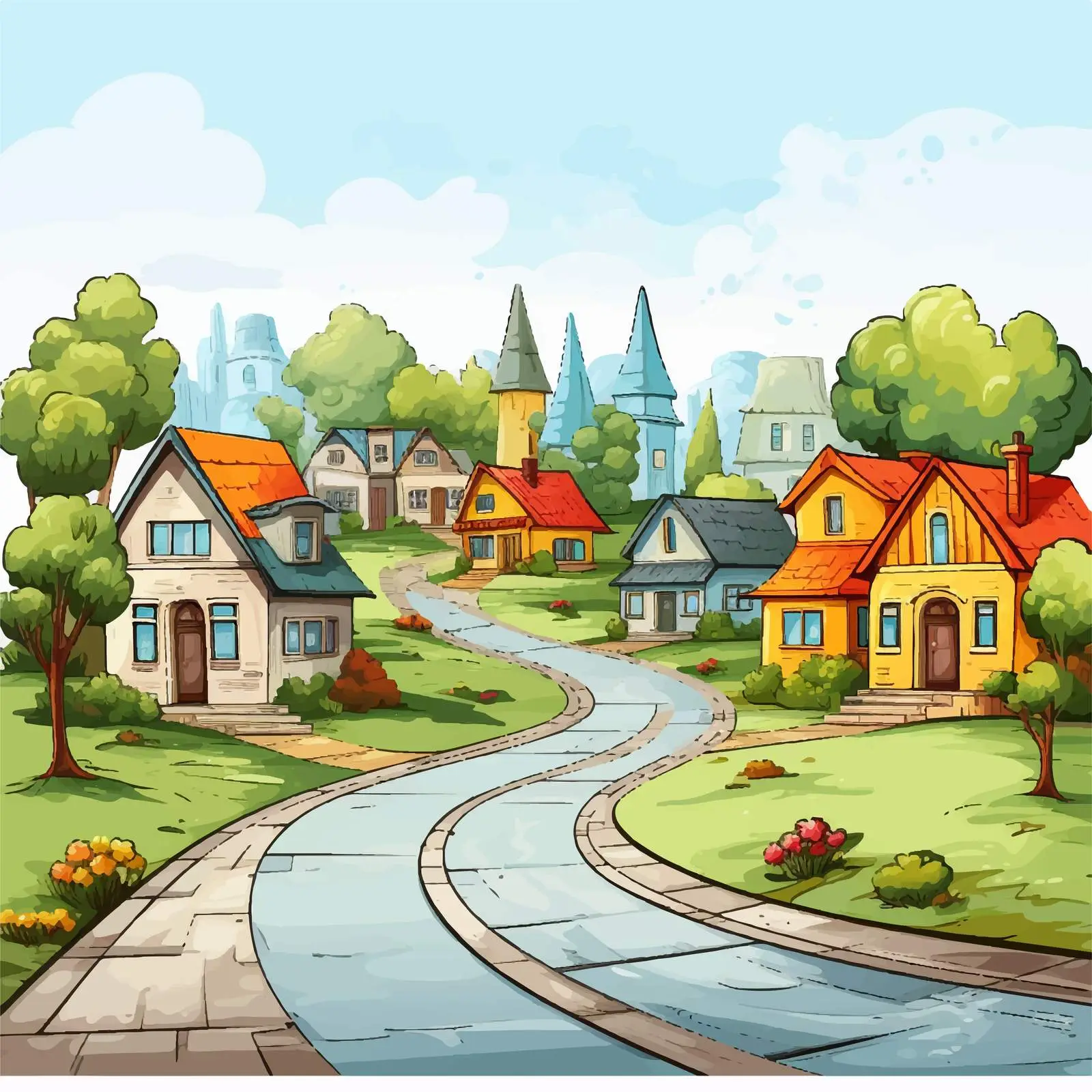 Colorful Outdoor Scene with Multiple Houses — free download from Dotvec