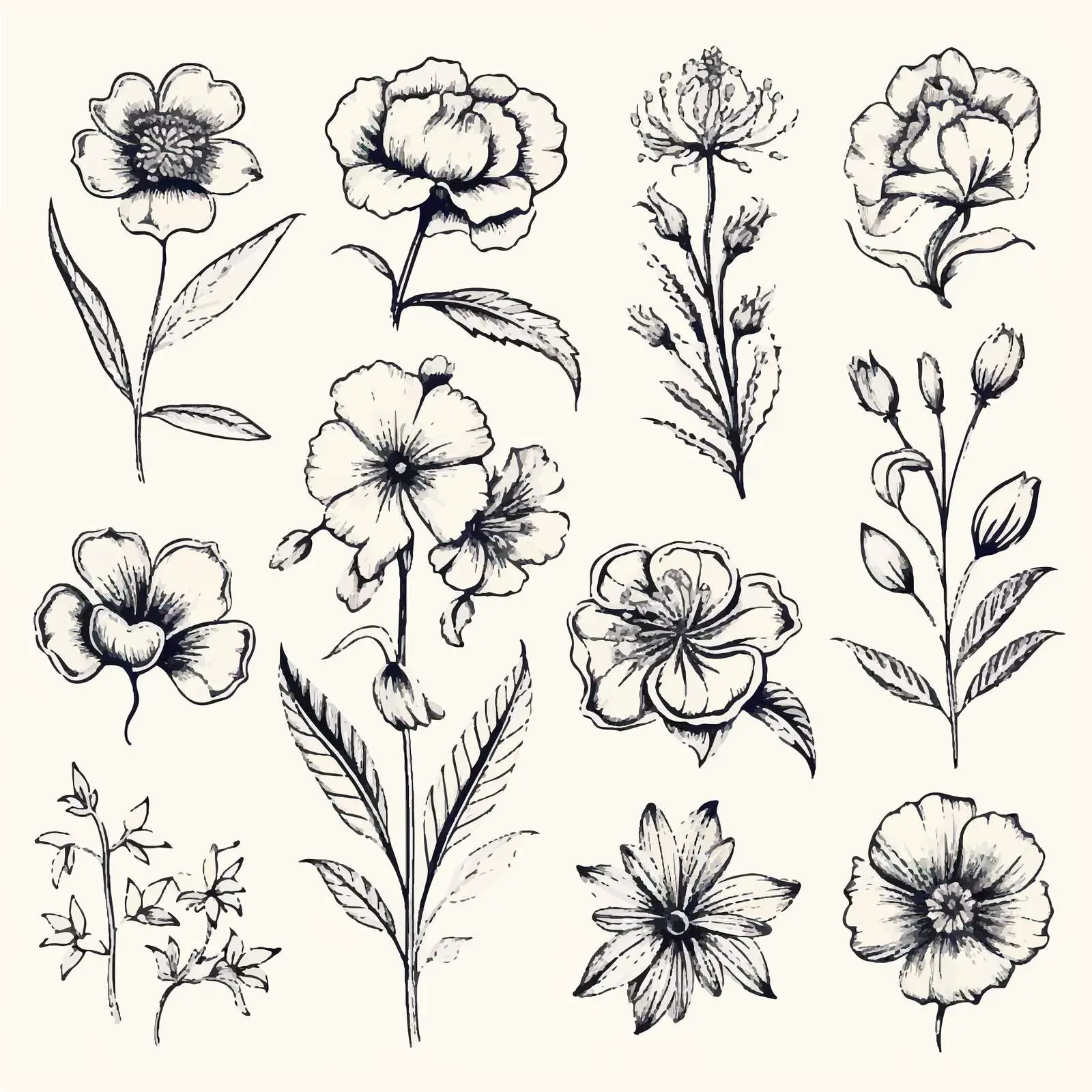 Vintage Style Outlined Flower Vector Drawings — free download from Dotvec