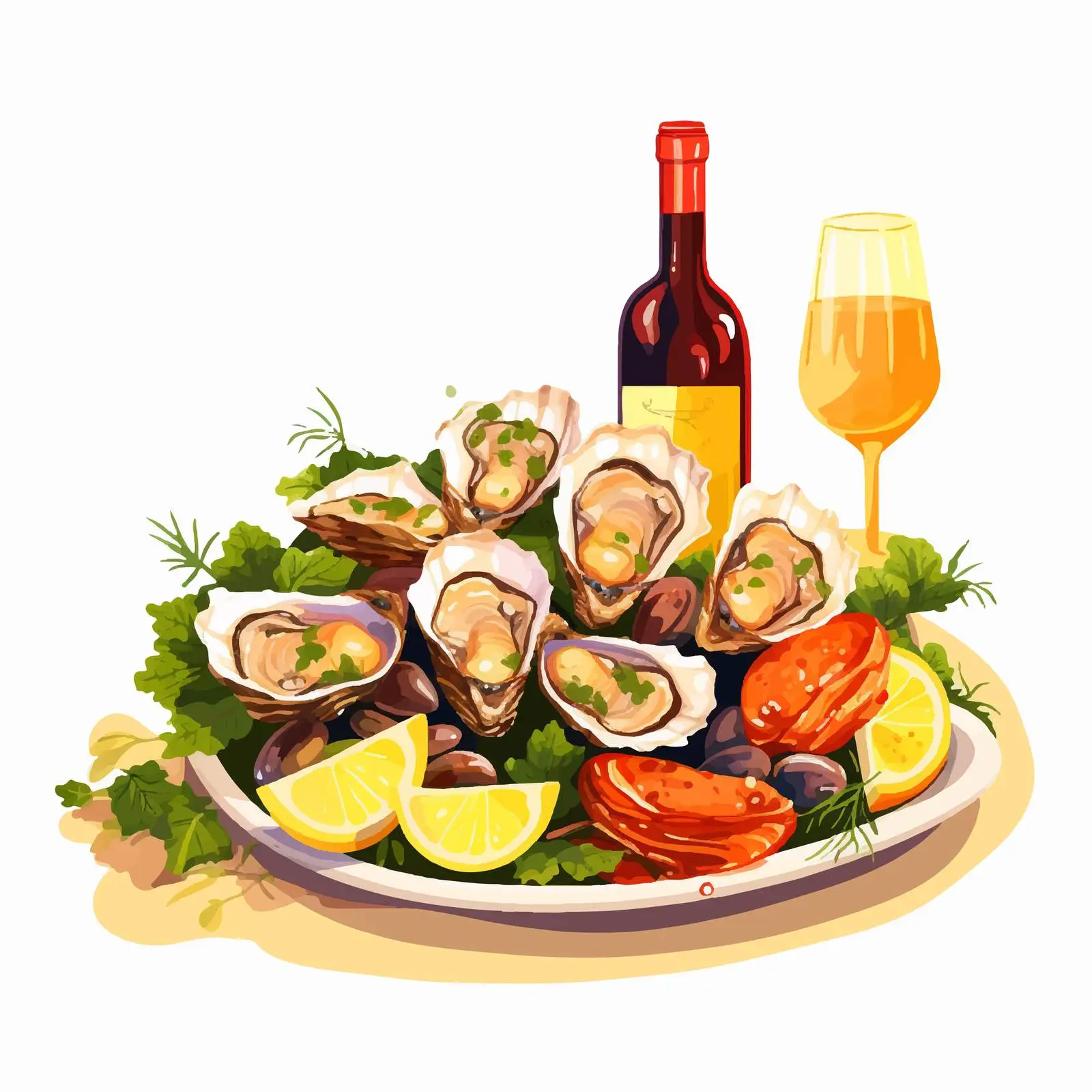 Oyster Dish with Wine Bottle - Mediterranean Seafood – free gourmet meal image from Dotvec