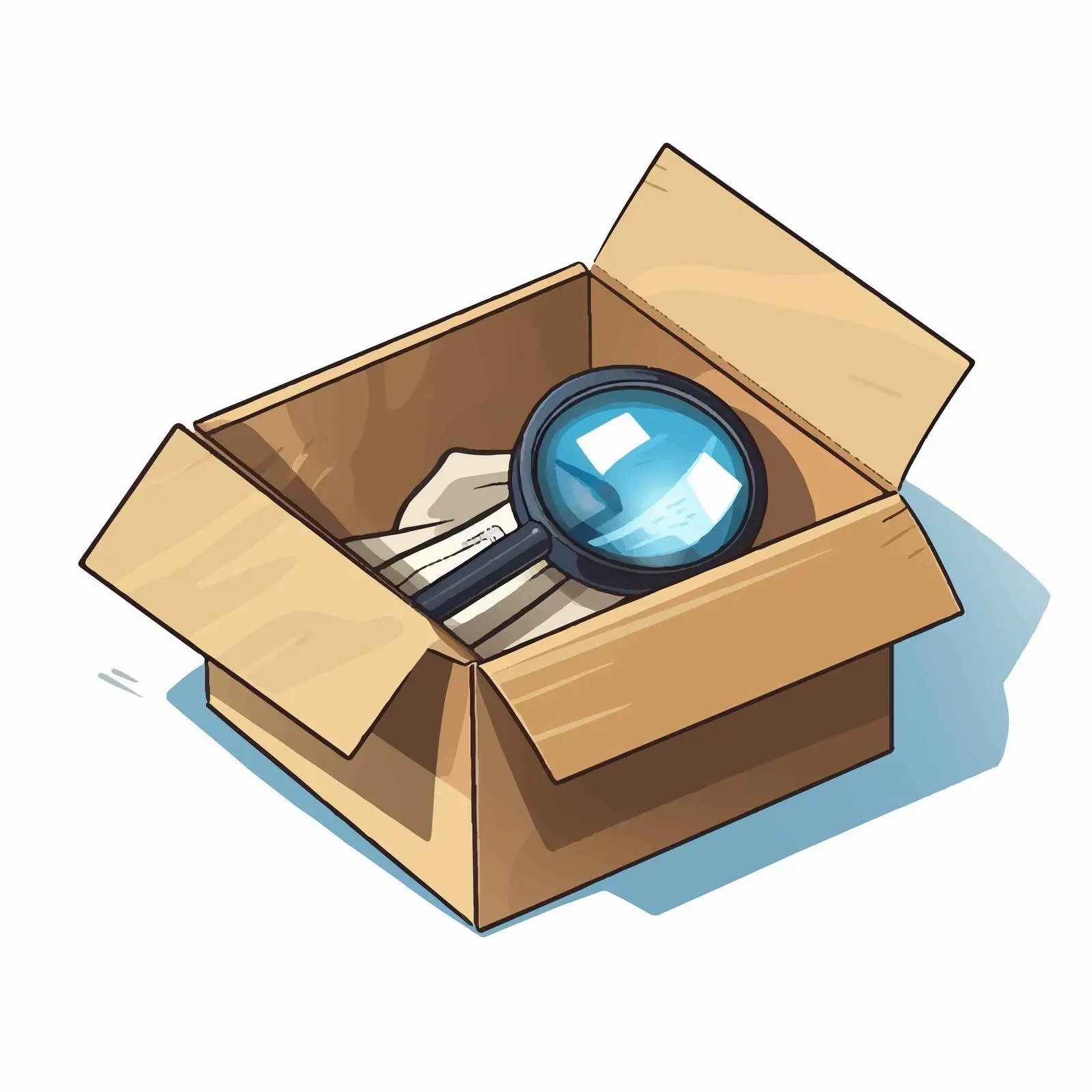 Cartoon Vector of Packing Box with Magnifying Glass — free download from Dotvec
