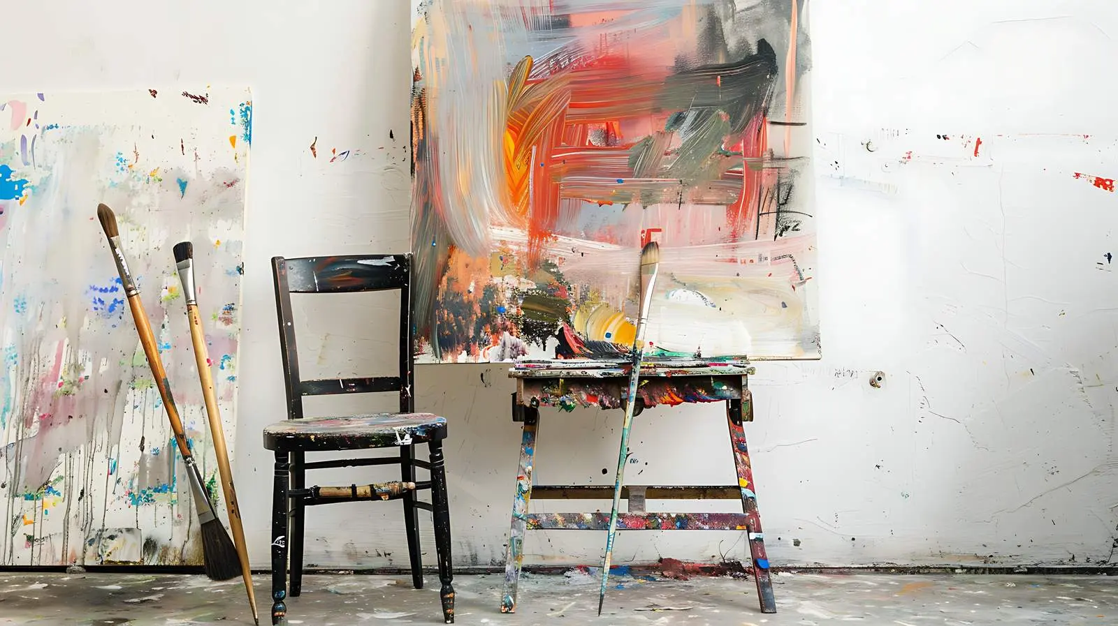 Minimalist Paint Brushes on Chair with Abstract Art – free artistic elements image from Dotvec