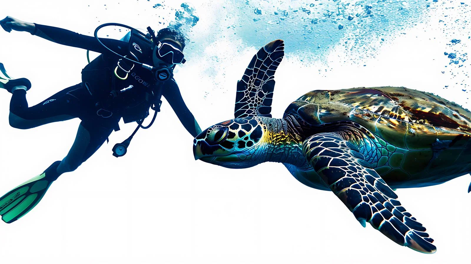 Marine Diver and Turtle Encounter Beneath Waves — free download from Dotvec