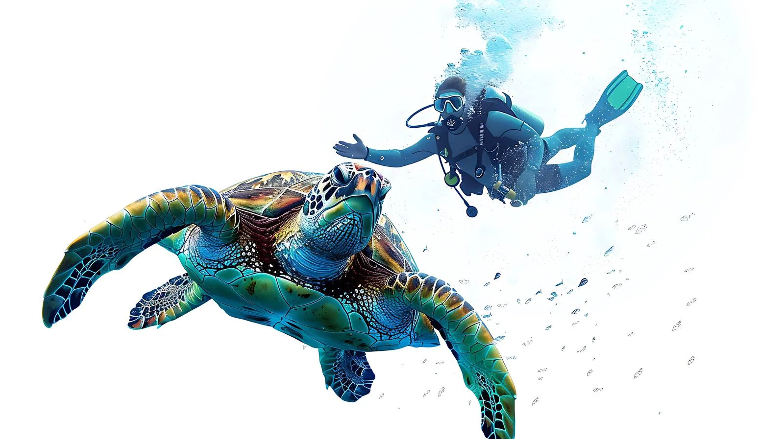 Underwater Diver and Turtle Encounter — free download from Dotvec