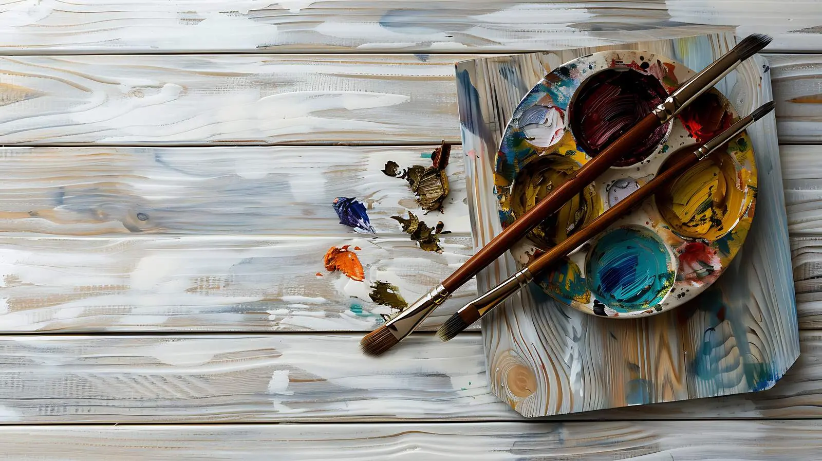 Palette and Brushes on Wooden Floor – free paint image from Dotvec