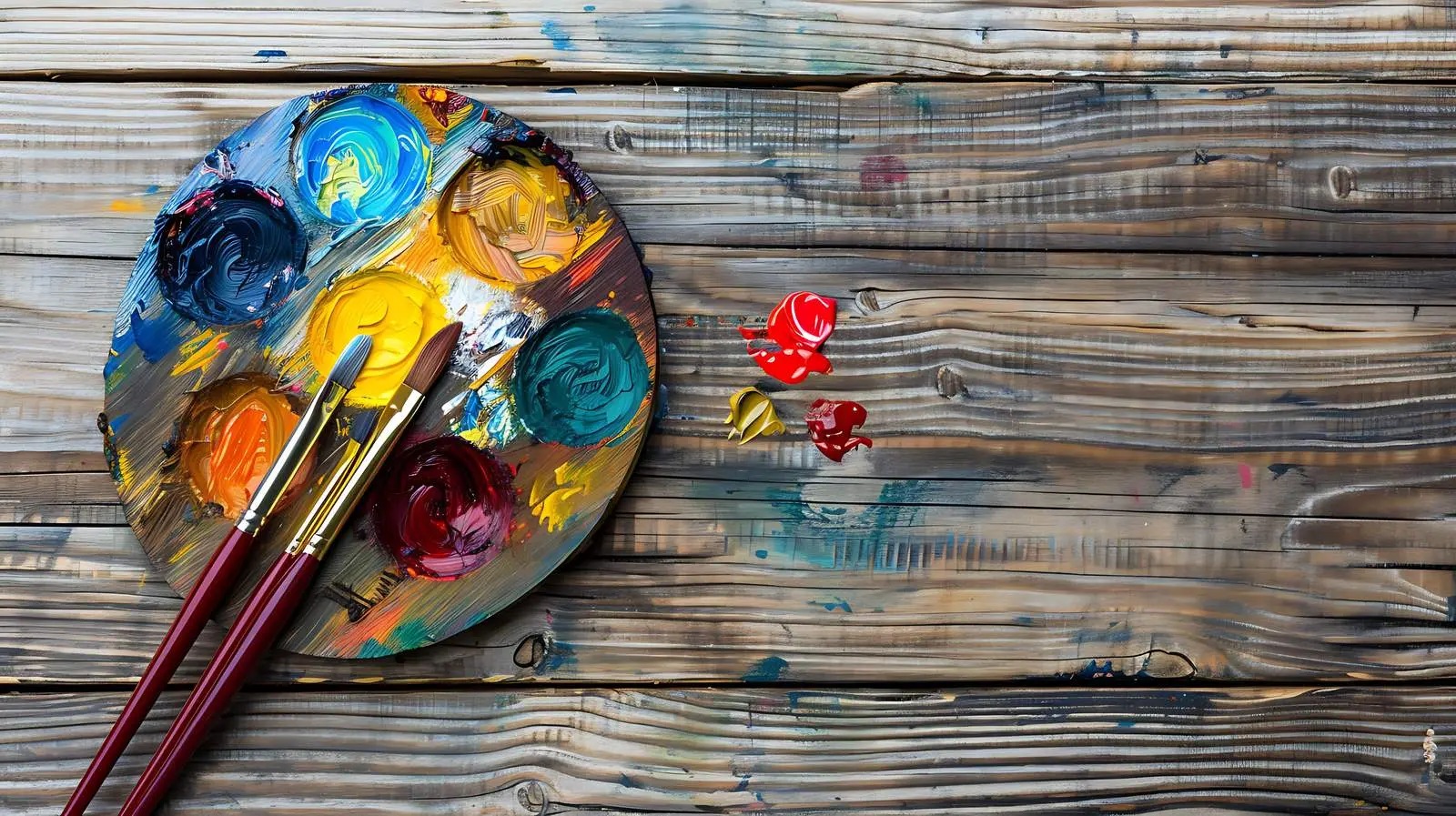 Palette and Brushes on Wooden Floor — free download from Dotvec