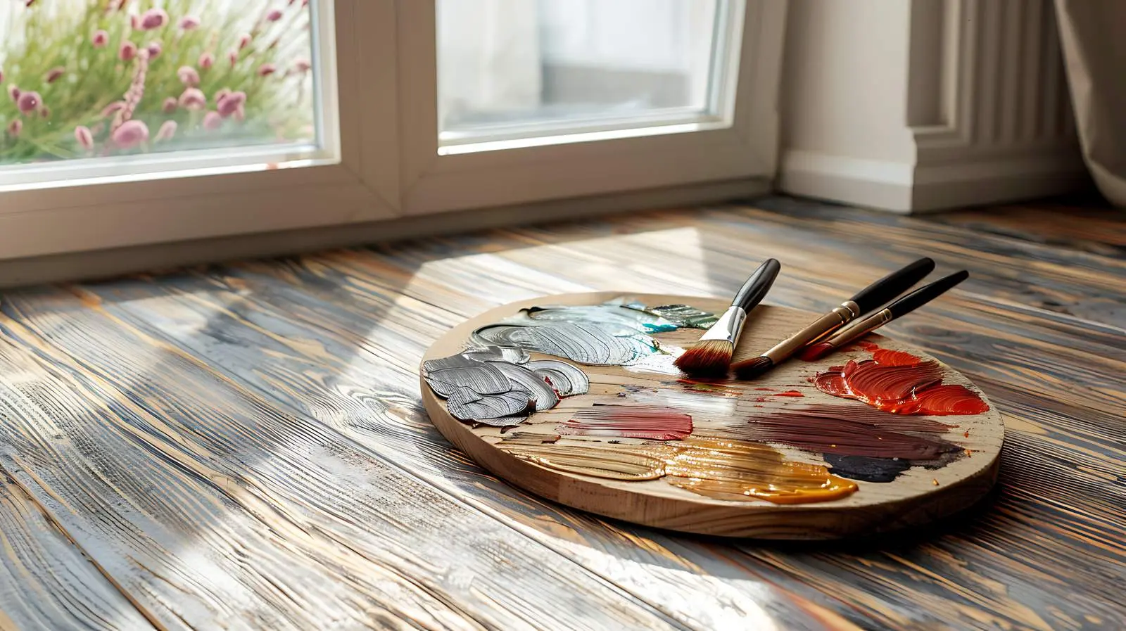Palette and Brushes on Wooden Floor — free download from Dotvec
