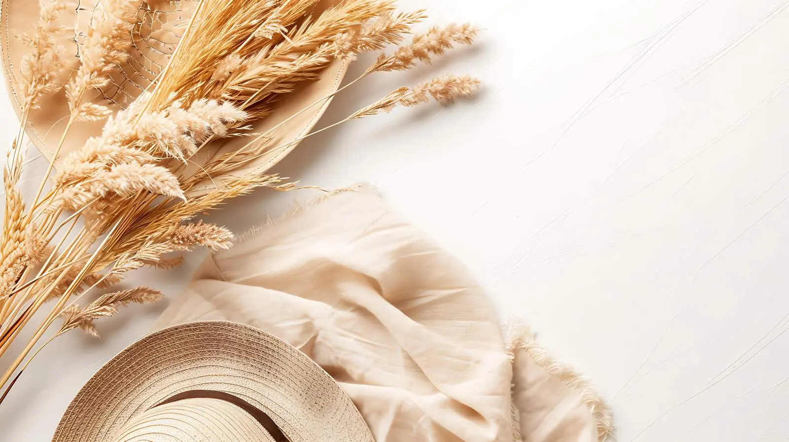 Pampas Grass and Straw Hat on Beige Fabric – free homeware image from Dotvec