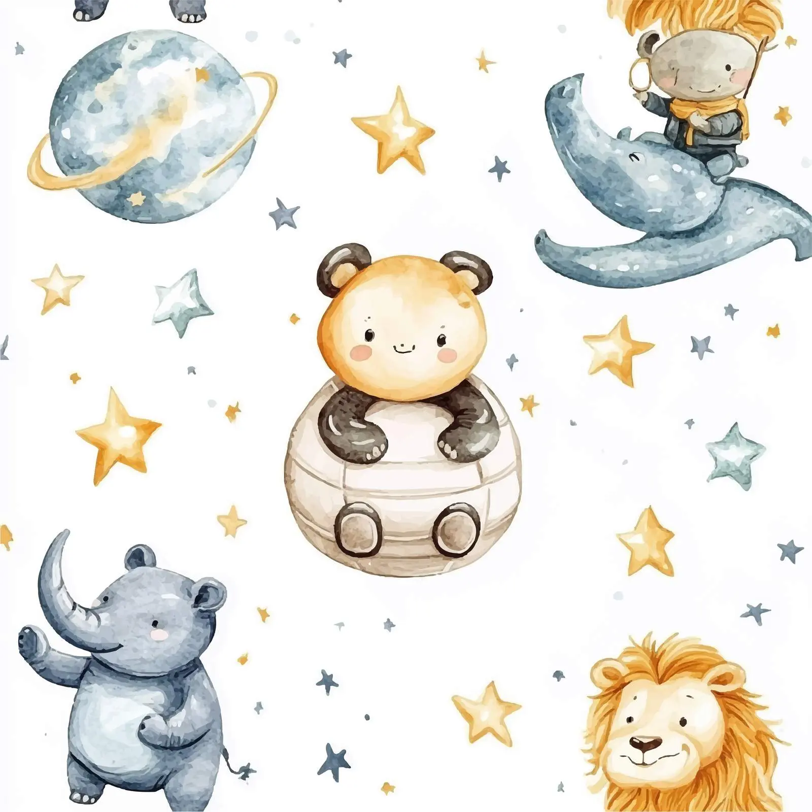 Whimsical Watercolor Animals with Aliens and Stars – free rhinoceros image from Dotvec