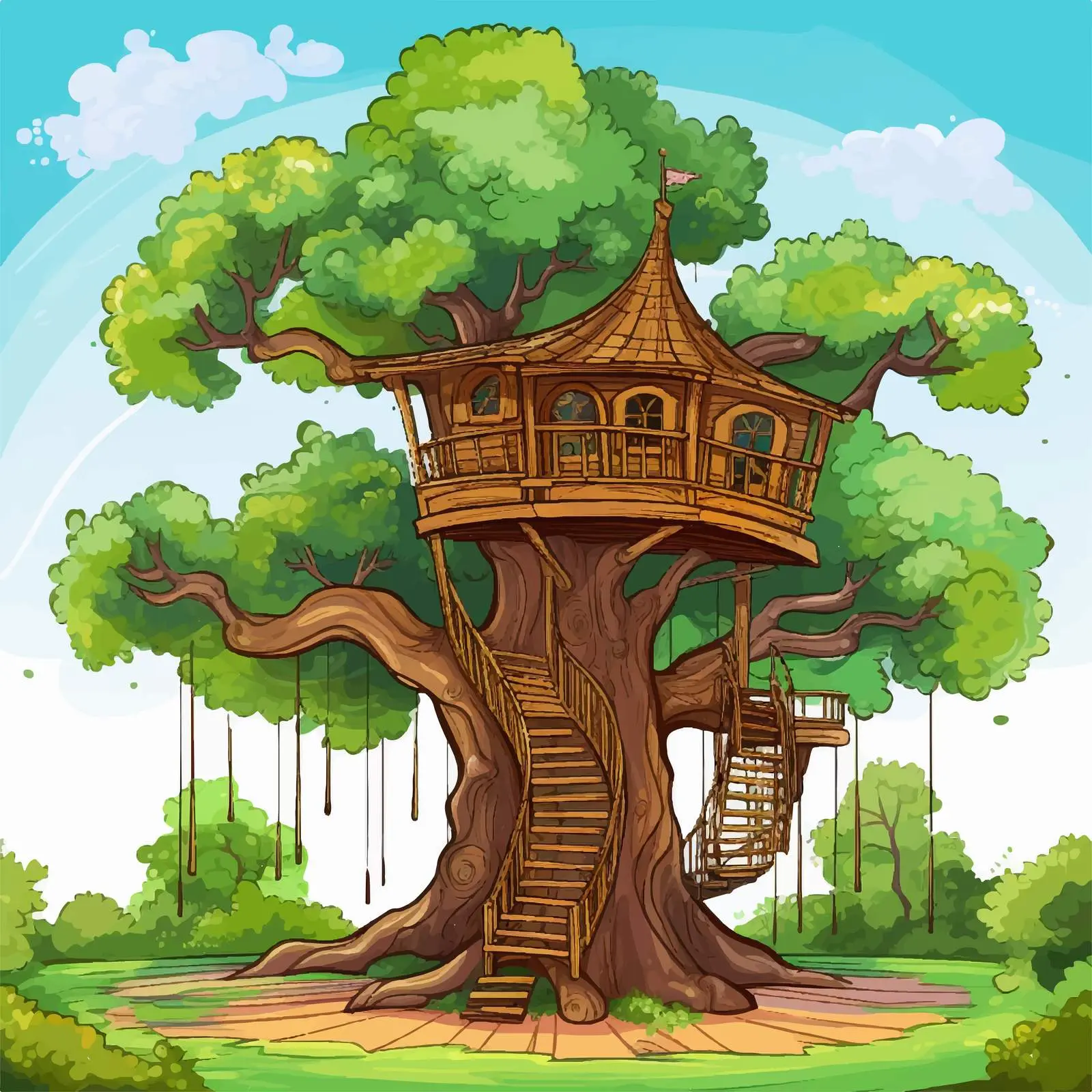 Outdoor Scene with Tree House in Park – free illustrated landscape image from Dotvec