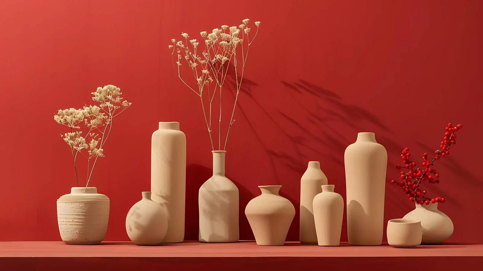 Pastel Beige and Pink Ceramic Pots on Red Background — free download from Dotvec