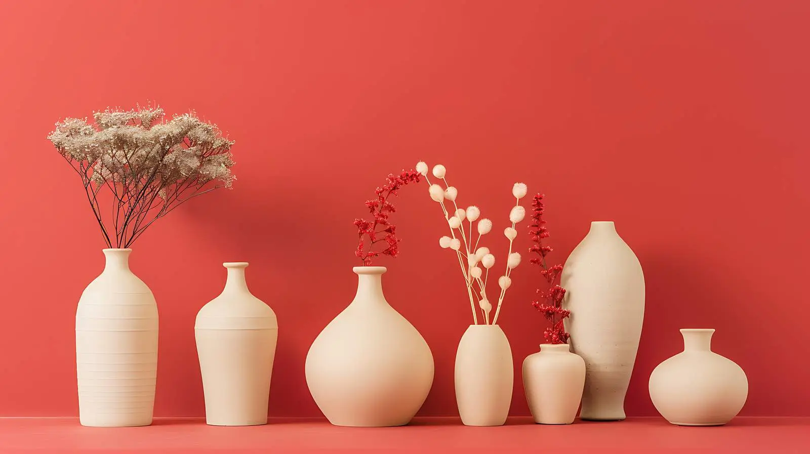 Pastel Beige and Pink Ceramic Vases on Red Background — free download from Dotvec