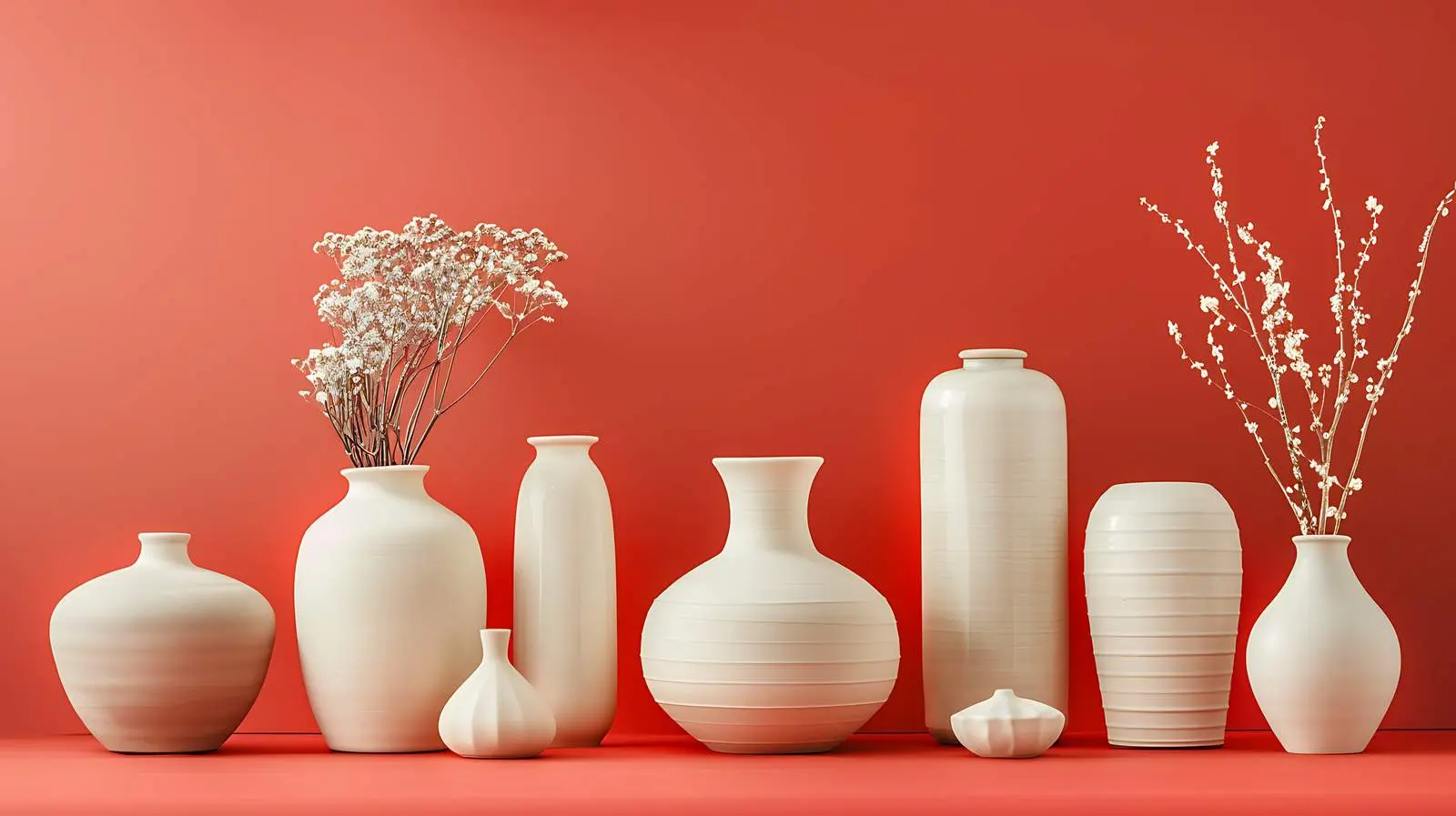 Pastel Beige and Pink Ceramic Pots on Red Background — free download from Dotvec