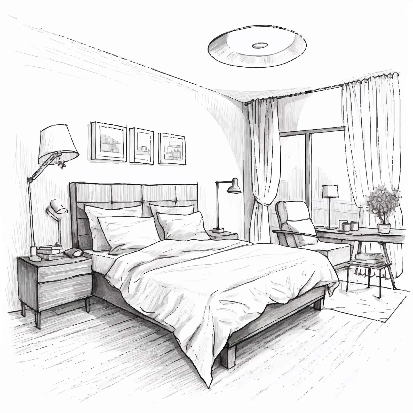 Modern Bedroom Interior Design Pencil Sketch – free sketch illustration image from Dotvec