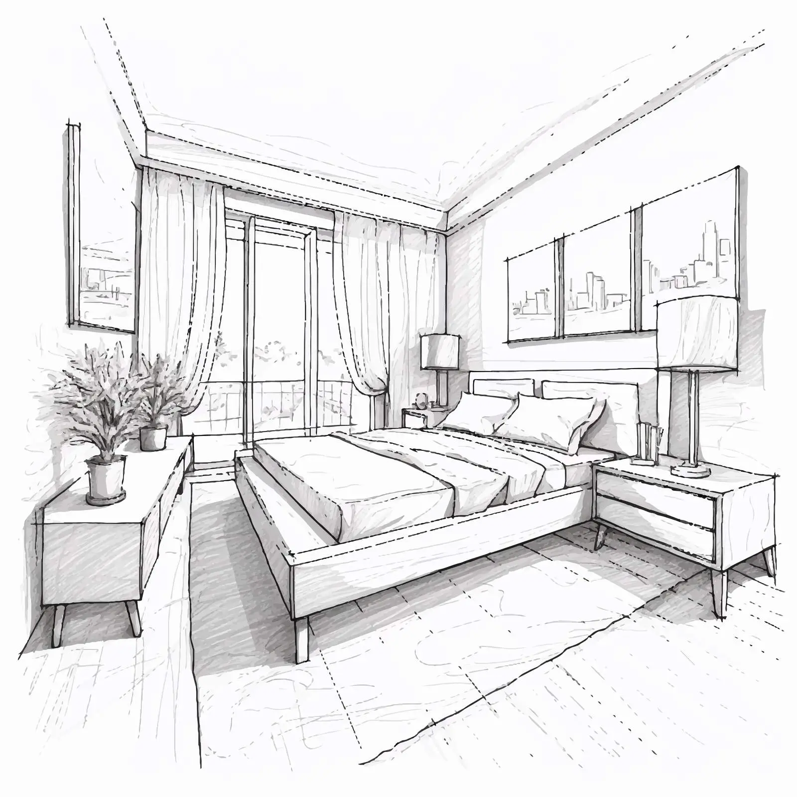 Modern Bedroom Interior Design Pencil Sketch — free download from Dotvec