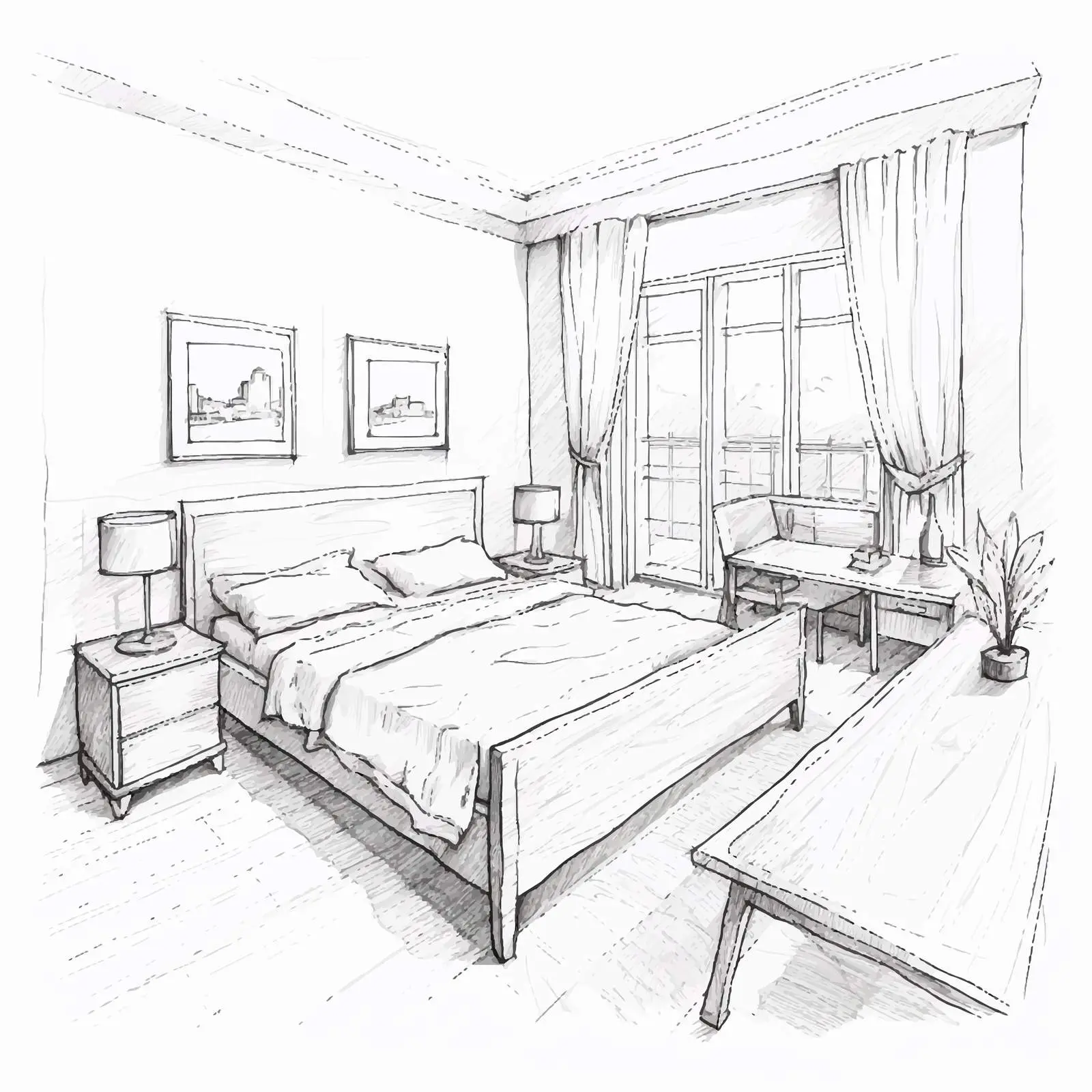 Modern Bedroom Interior Design Pencil Sketch – free decor styles image from Dotvec