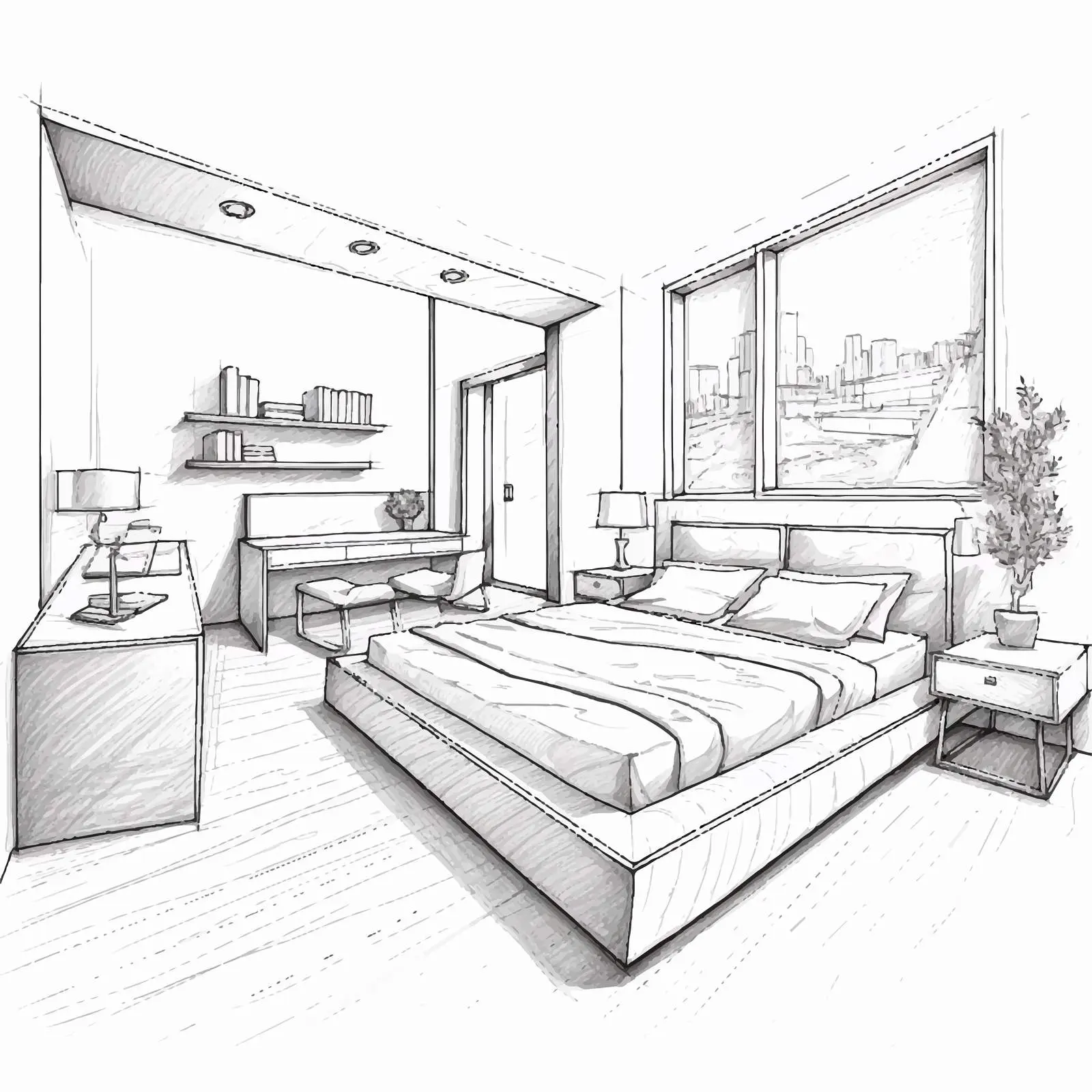 Modern Bedroom Interior Design Pencil Drawing – free sketch illustration image from Dotvec