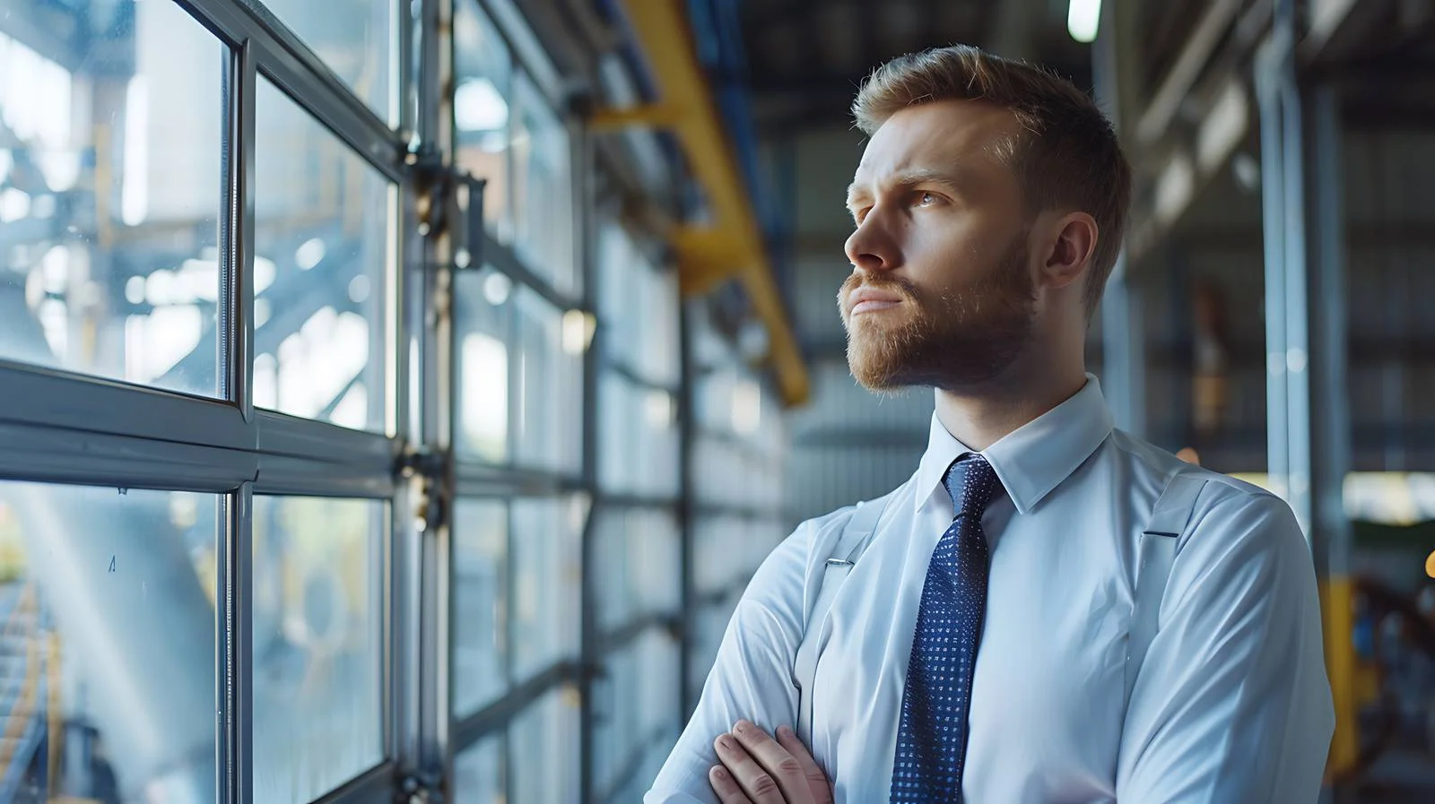 Contemplative Businessman at Factory Window — free download from Dotvec