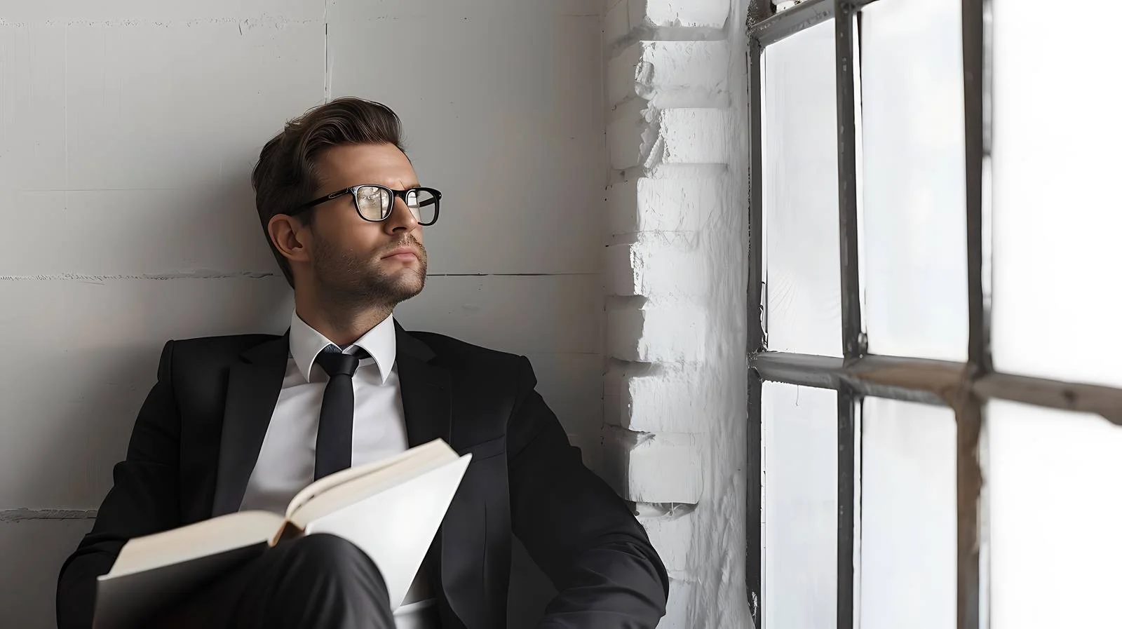 Contemplative businessman with notebook by window — free download from Dotvec