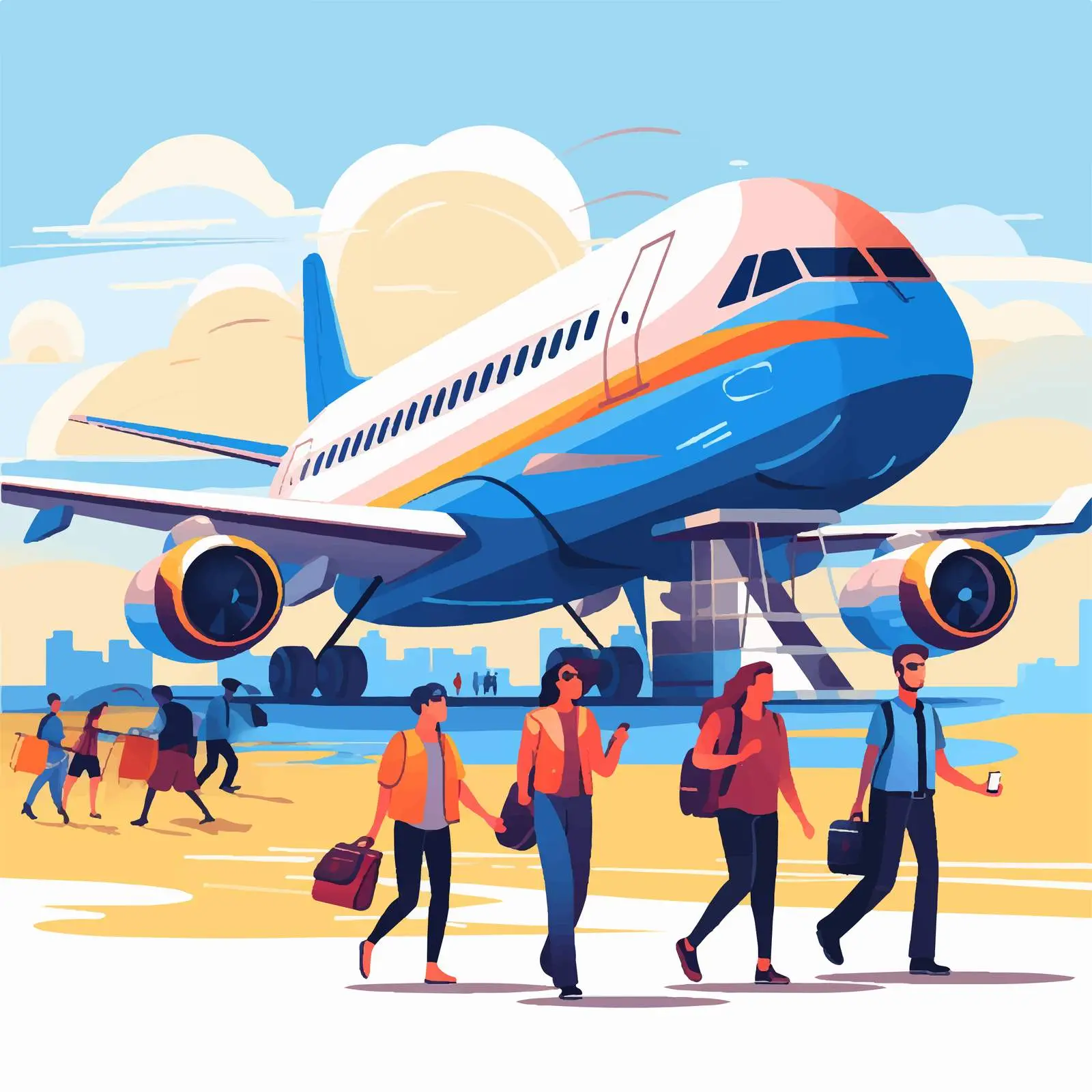 People Getting Off Plane Illustration Vector — free download from Dotvec