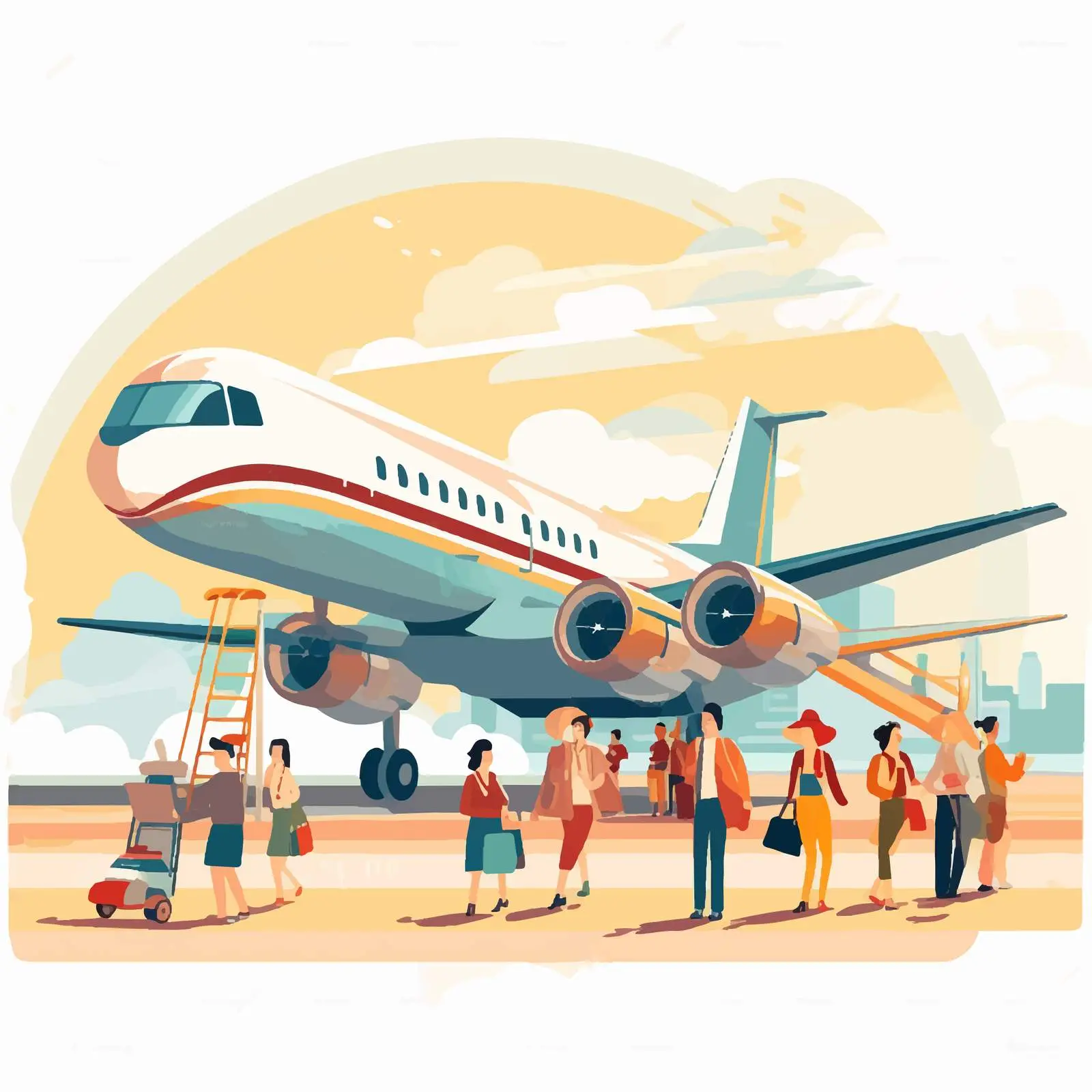 Cartoon Illustration of People Disembarking a Plane — free download from Dotvec