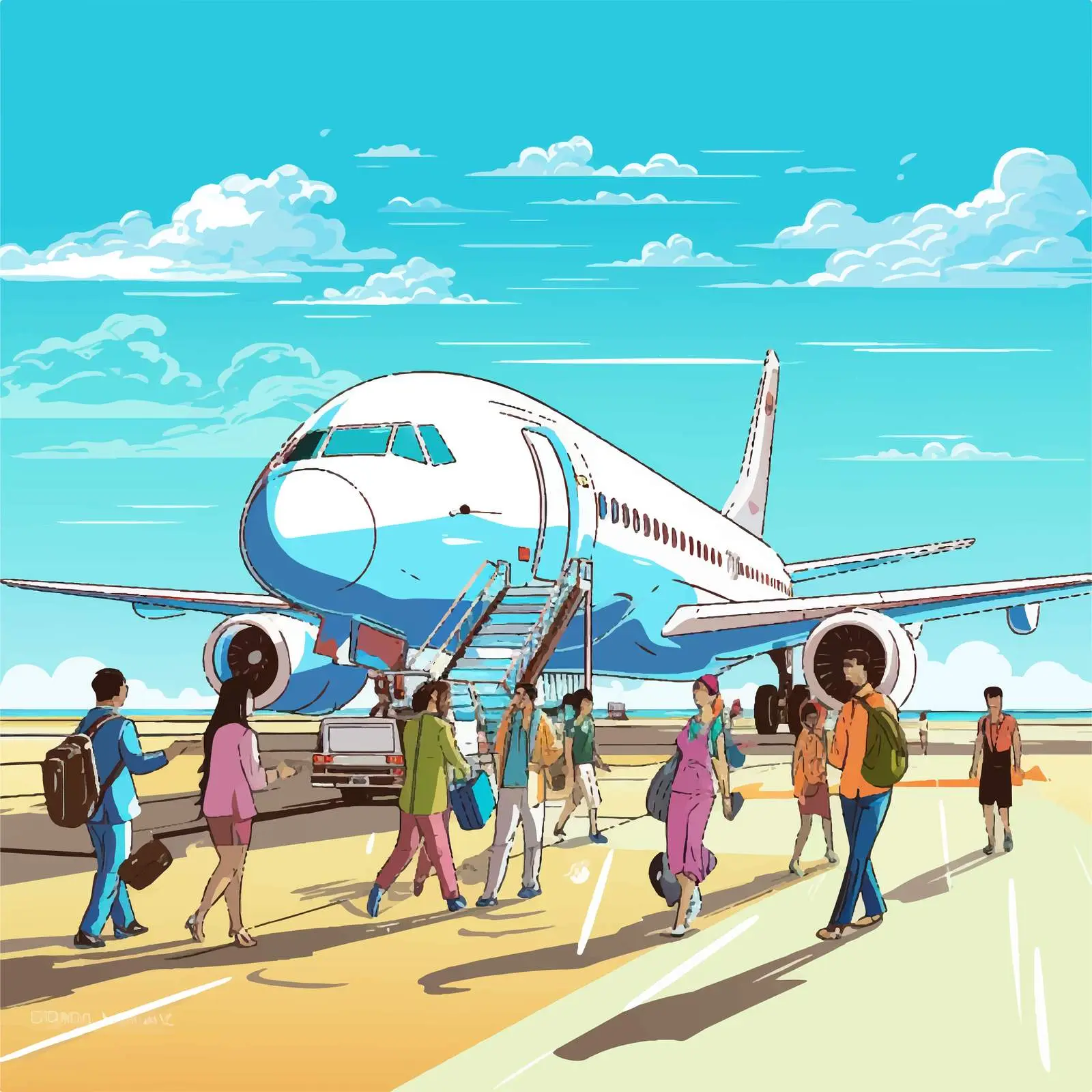 People Exiting Airplane Vector Illustration — free download from Dotvec