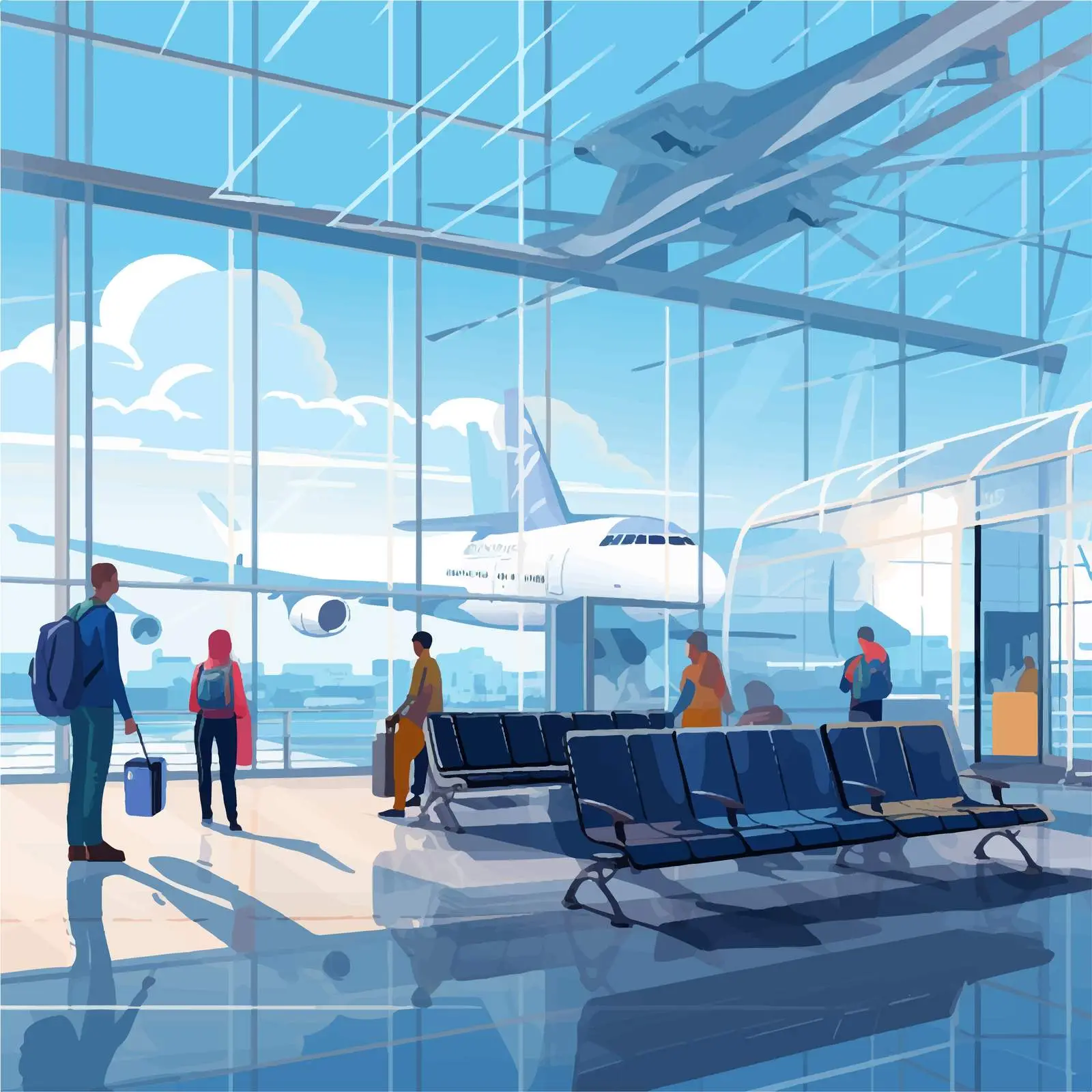 Travelers Inside Airport Building with Panoramic Windows — free download from Dotvec