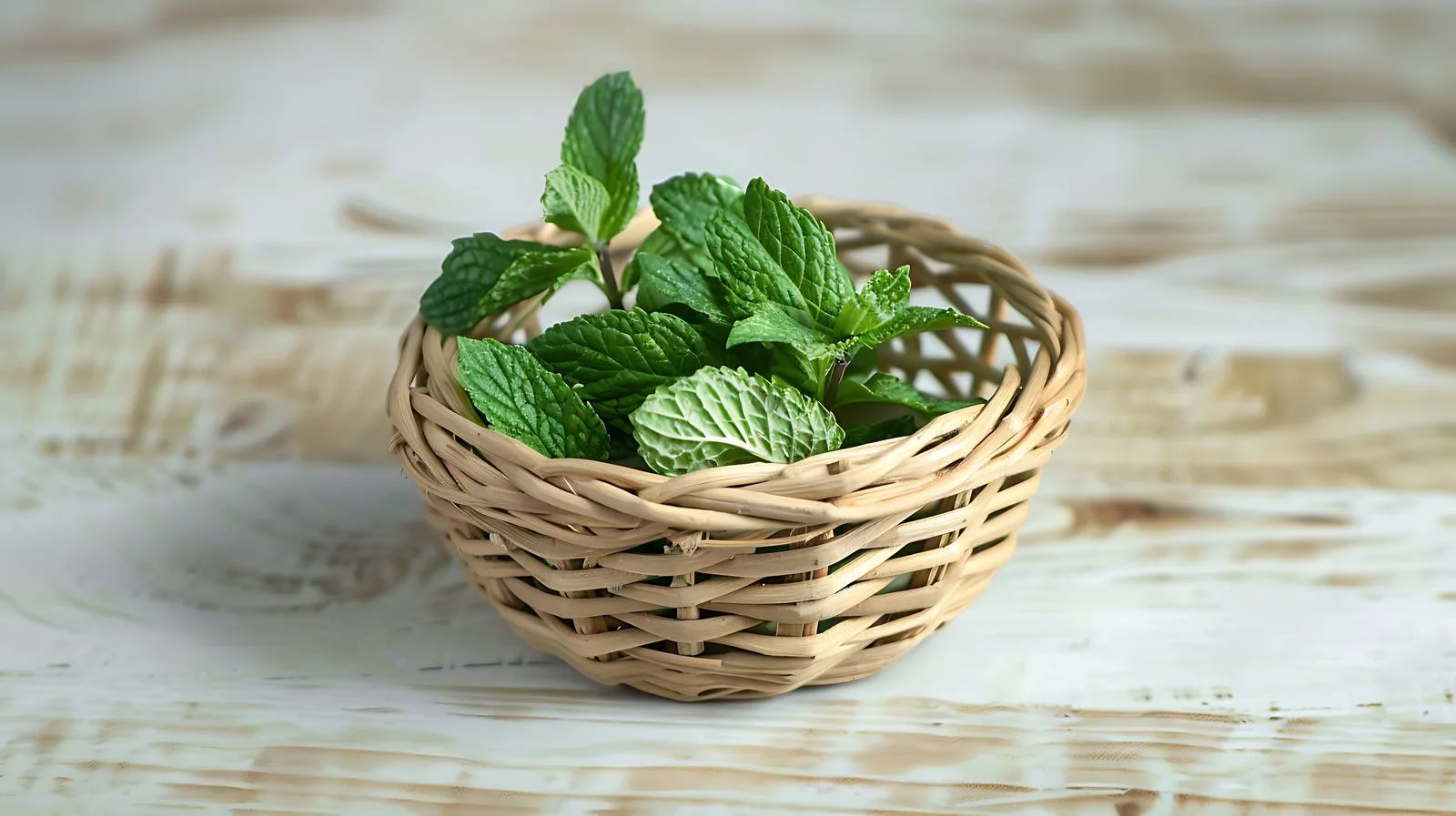 Fresh Peppermint in Small Basket on Wooden Tray — free download from Dotvec