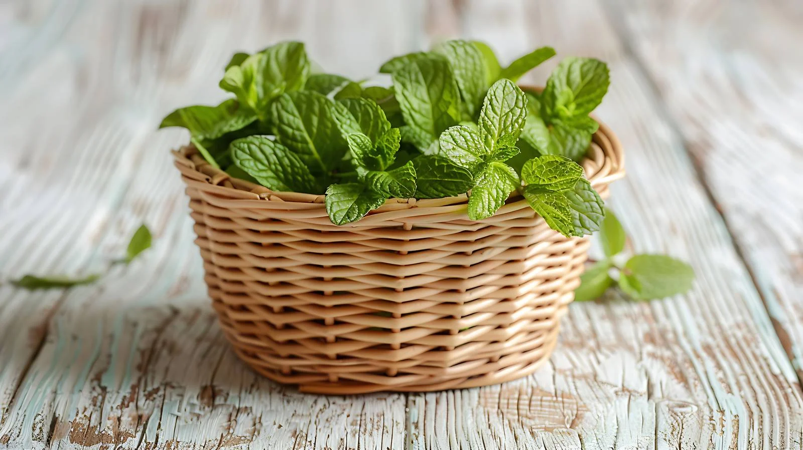 Fresh Peppermint in Small Basket on Wooden Tray — free download from Dotvec