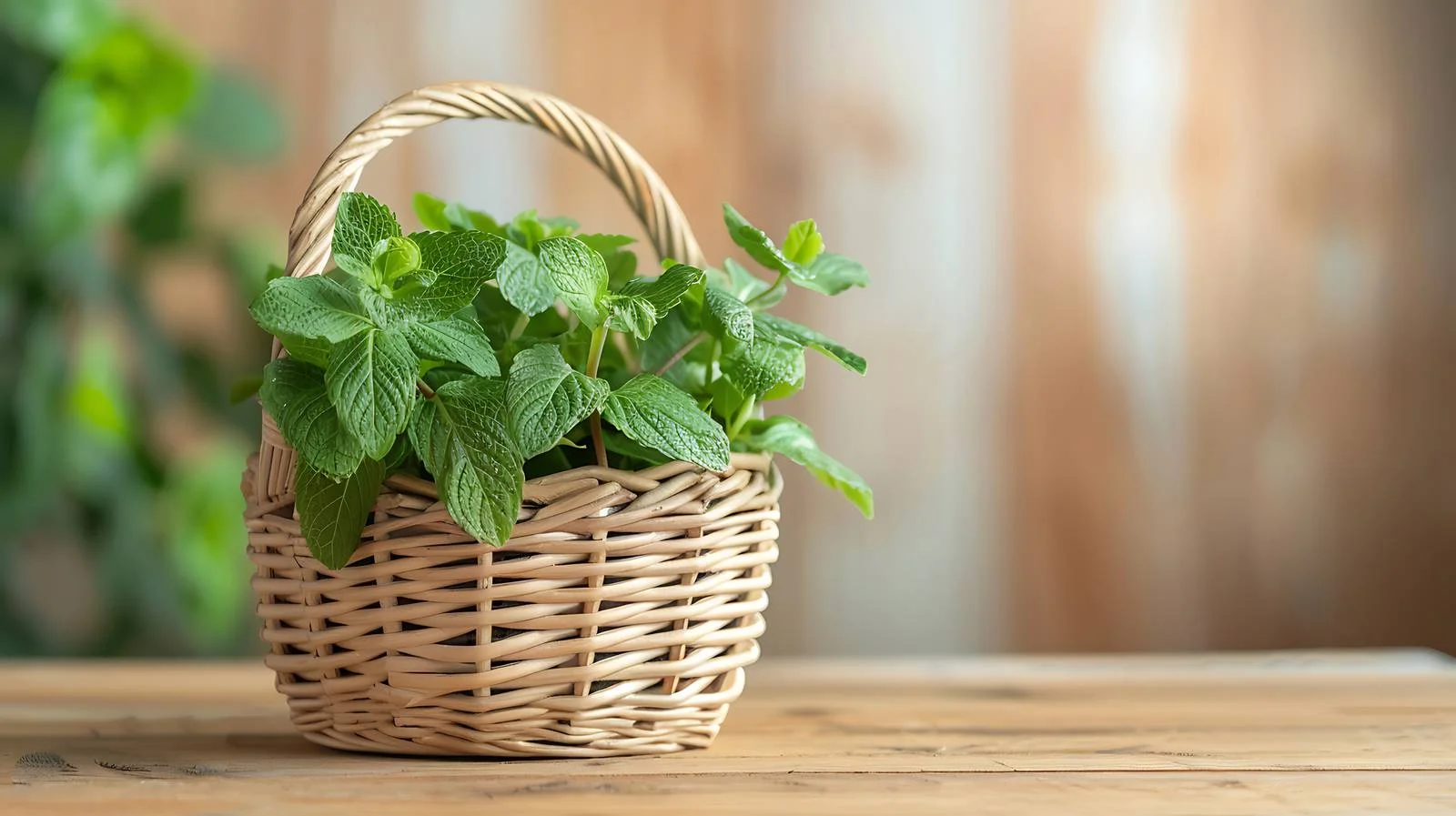Peppermint in a compact basket on wooden tray — free download from Dotvec