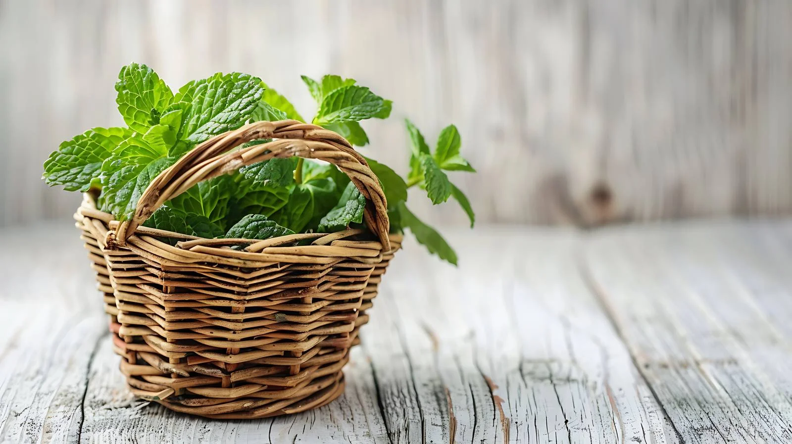 Fresh Peppermint in Small Basket on Wooden Backdrop — free download from Dotvec