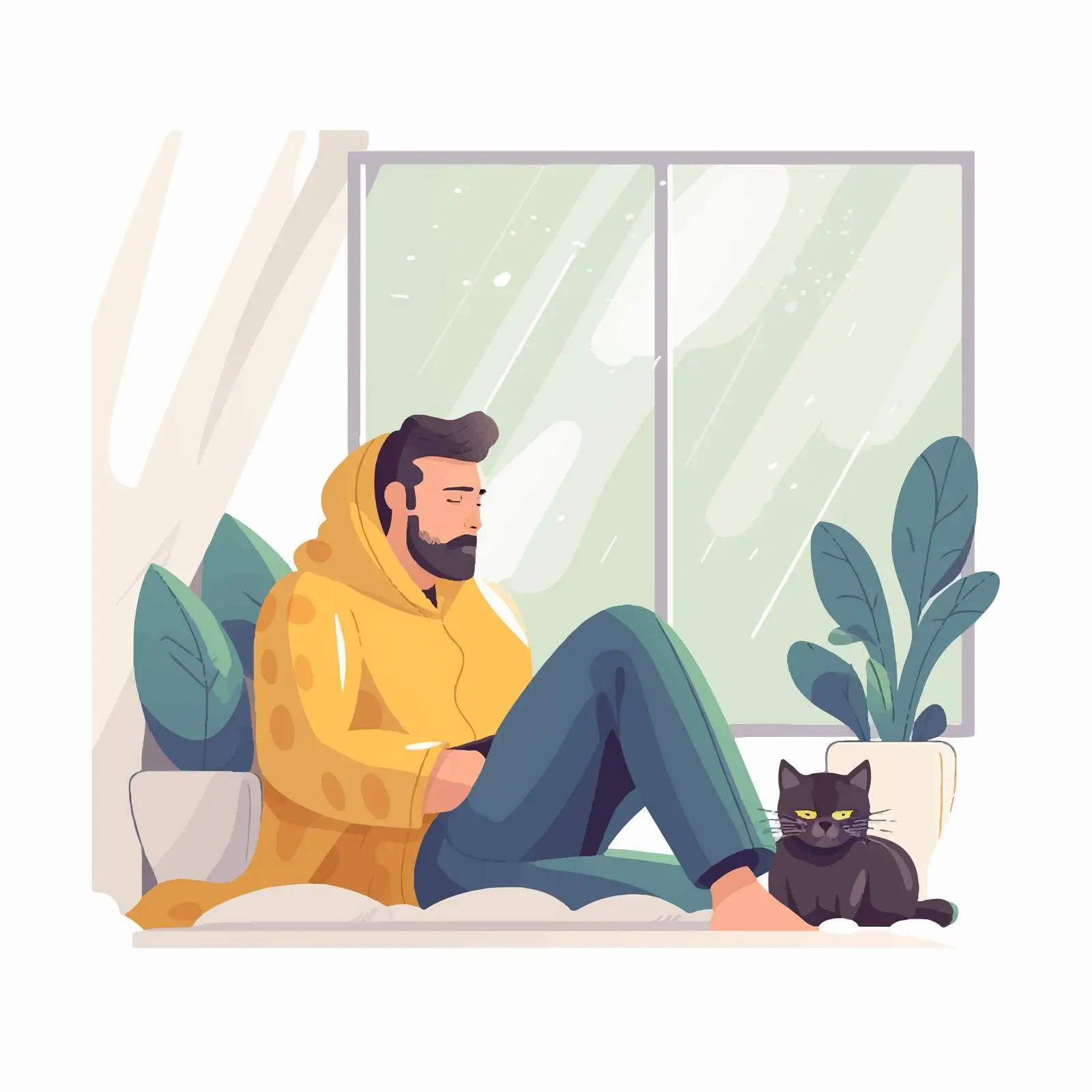 Man and Cat Watching Rain Through Window — free download from Dotvec