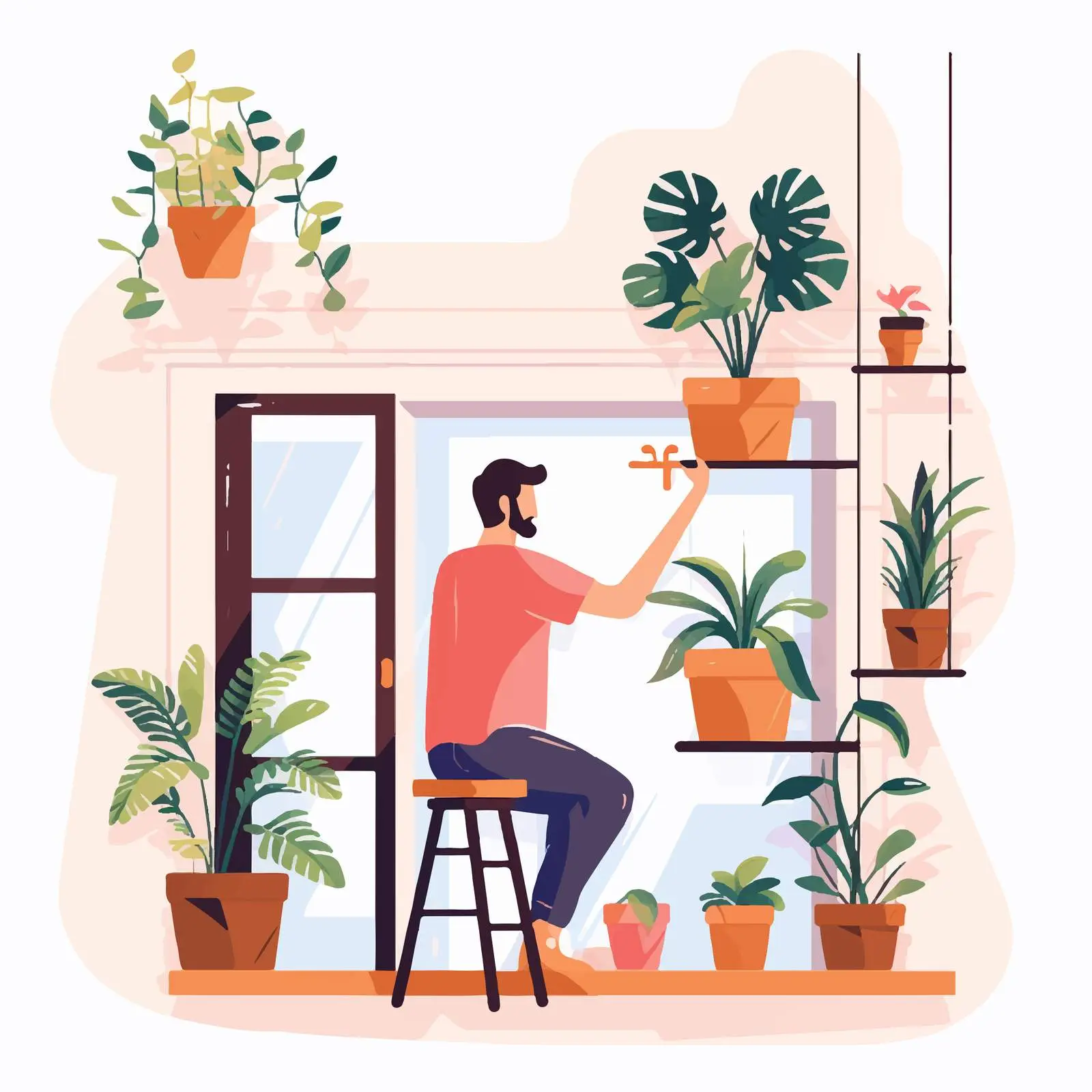 Person Decorating Building with Potted Plants — free download from Dotvec