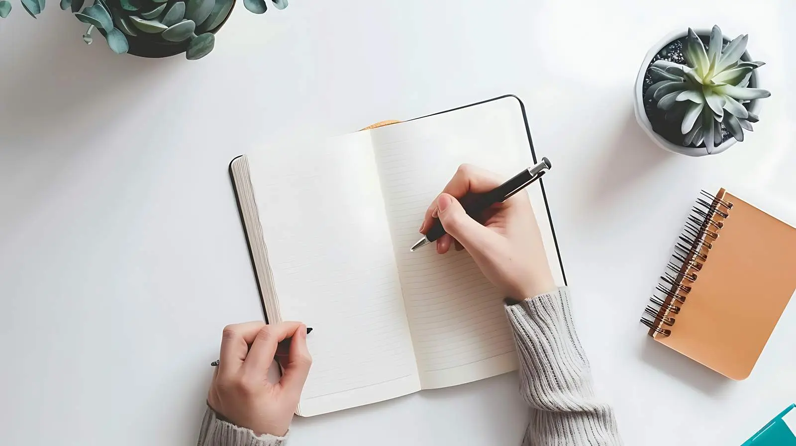 Person Writing in Notebook on Paper Sheet — free download from Dotvec