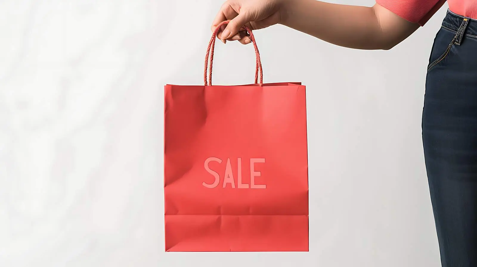 Person Holding Red Craft Shopping Bag with Sign – free sale image from Dotvec