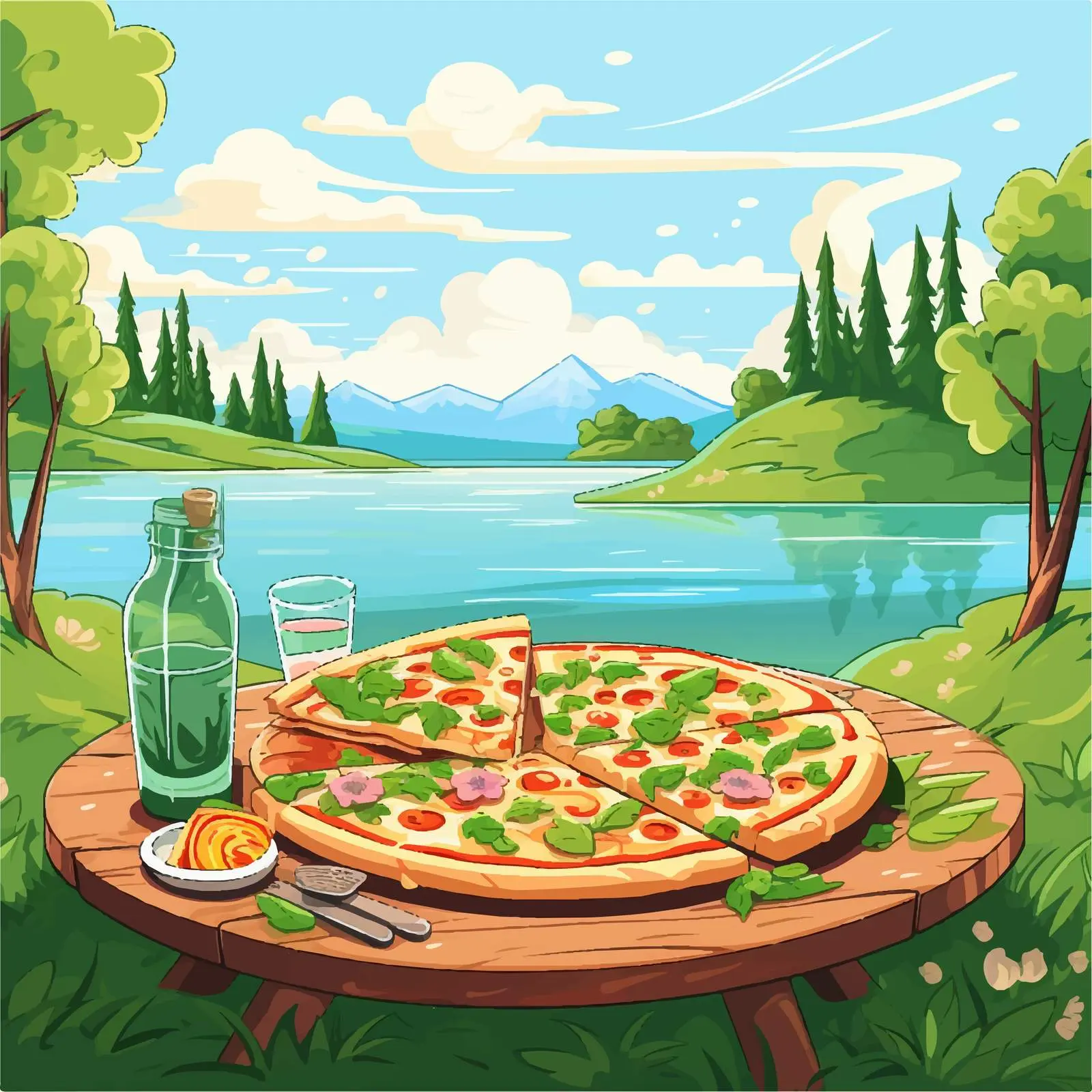 Outdoor Pizza Picnic in Beautiful Green Nature – free friends gather image from Dotvec