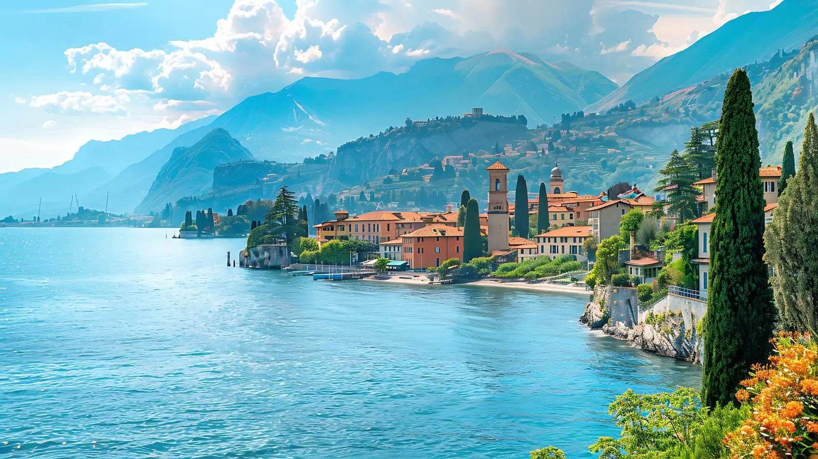 Ancient Italian Town by Lake - Picturesque View — free download from Dotvec
