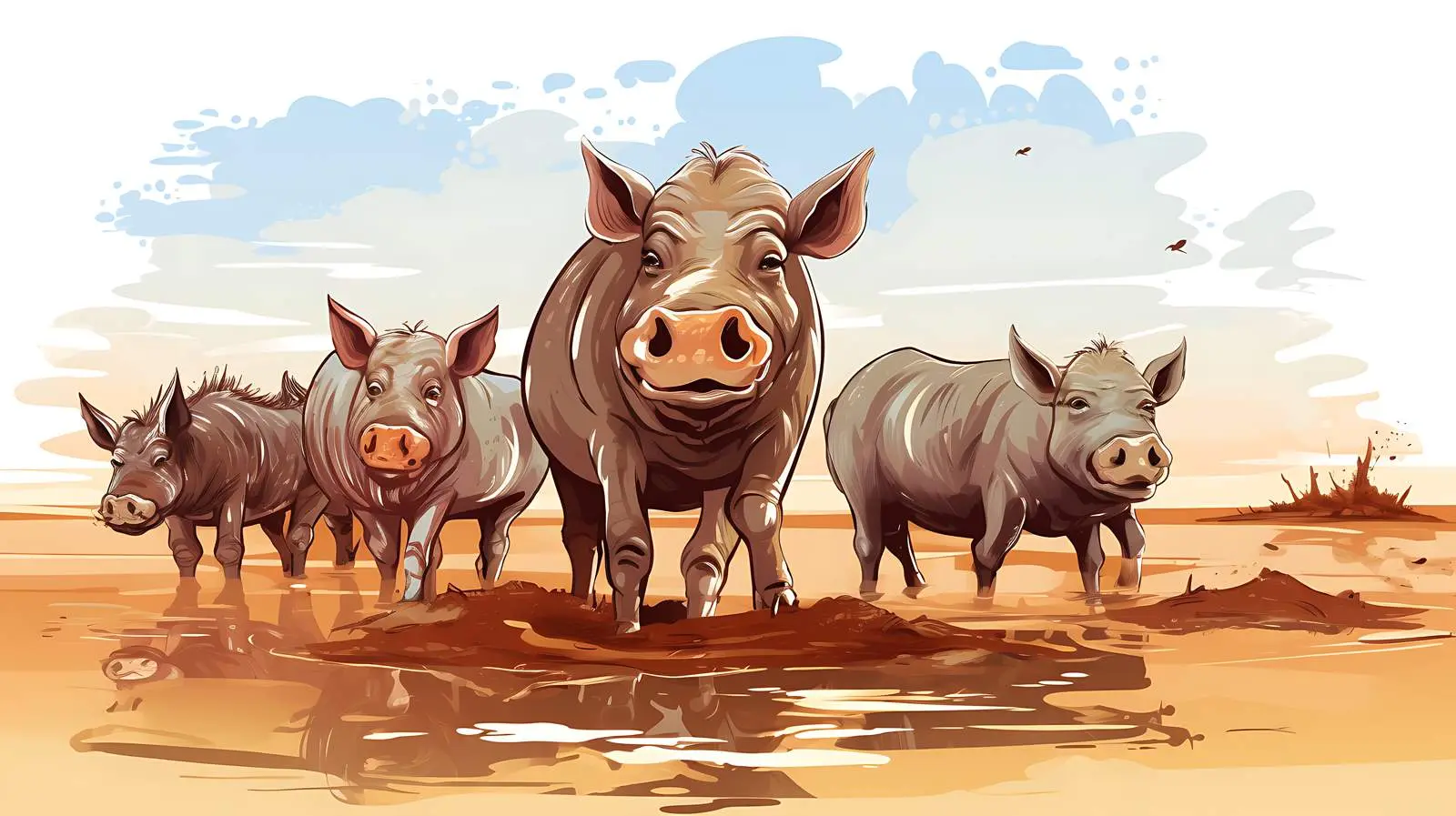 Wildlife Illustration: Pigs and Warthogs in Mud — free download from Dotvec